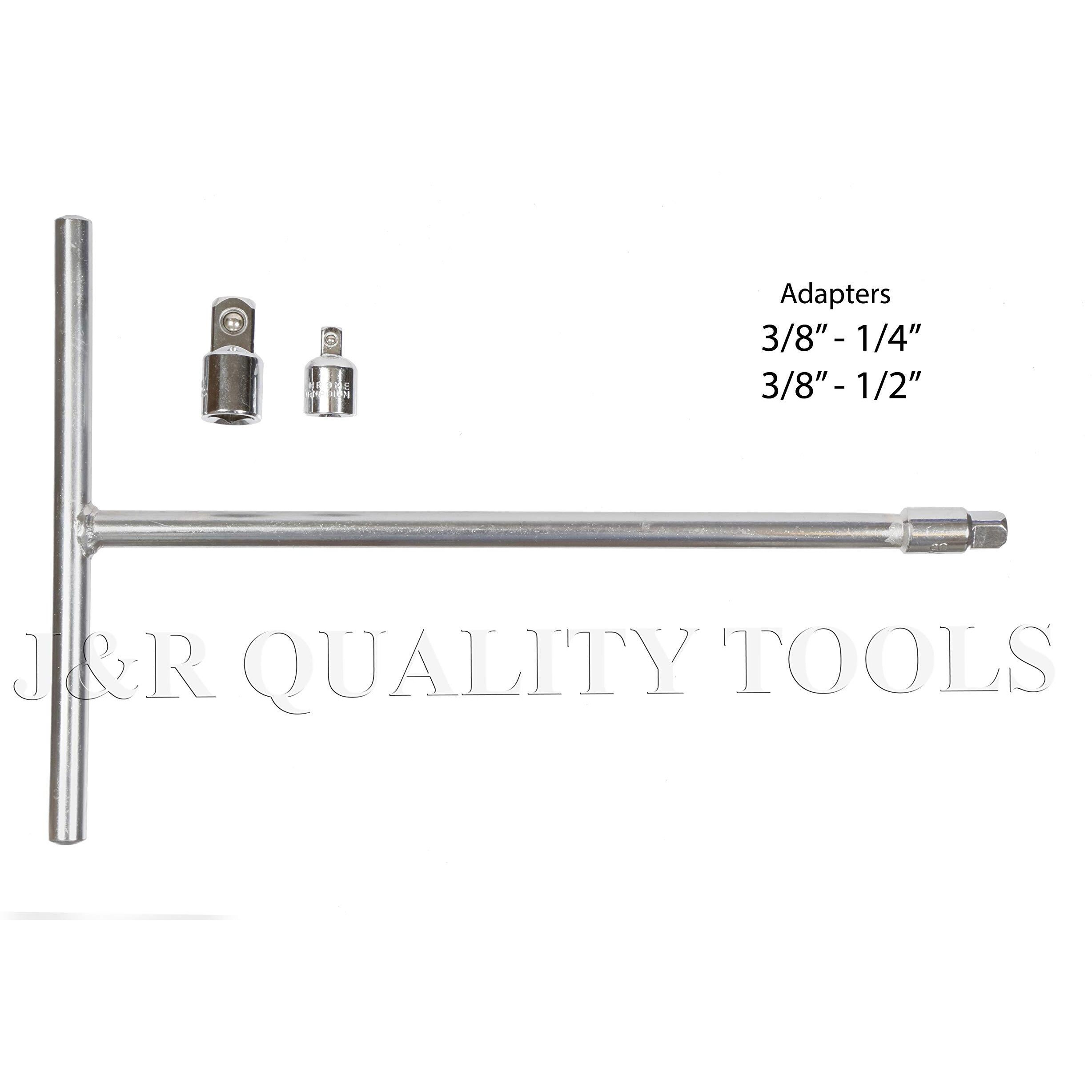 J&R Quality Tools 3/8"" Drive T Handle Wrench, Chromium Vanadium Steel | Long Reach | Includes 3/8"" And 1/2"" Adaptors