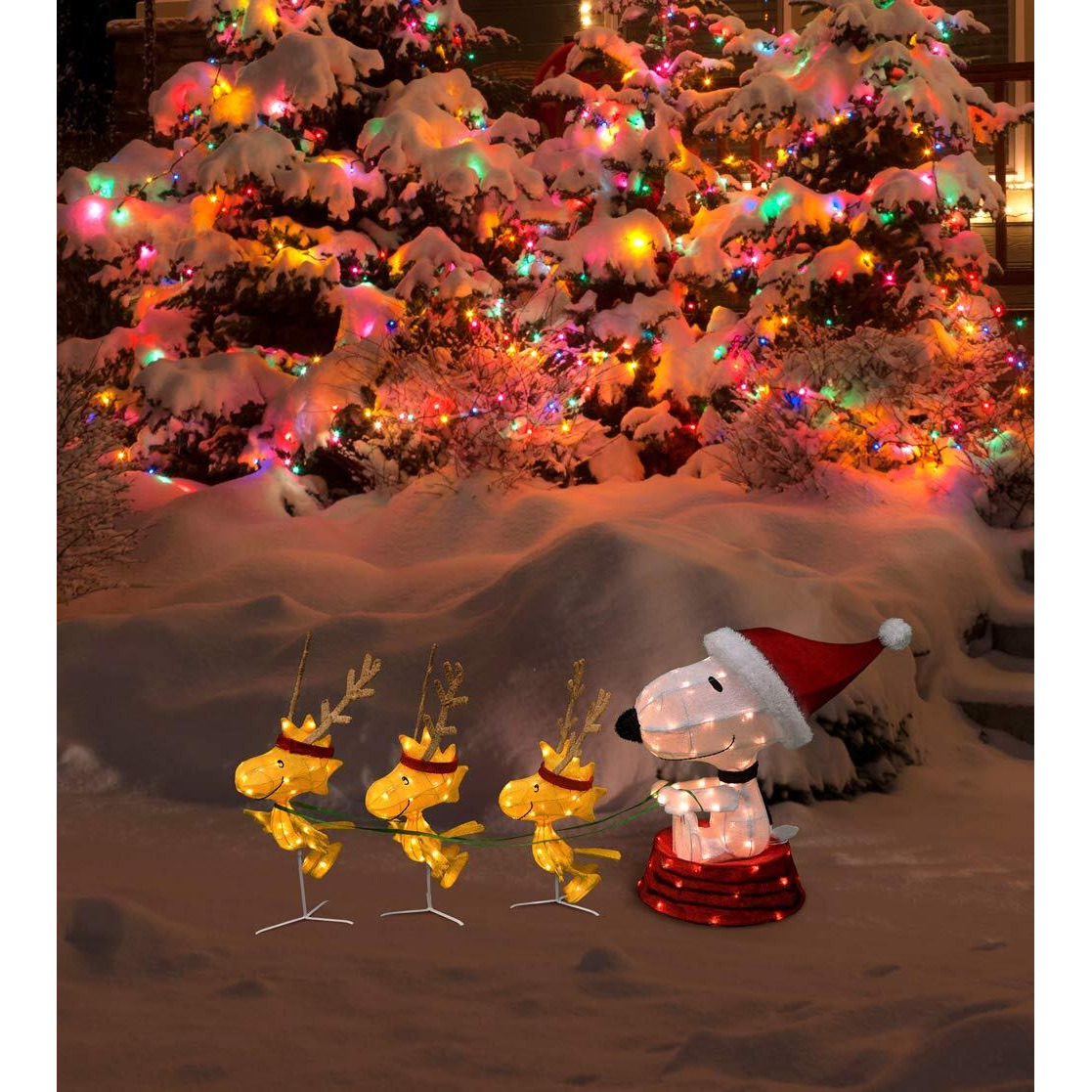Productworks 60-Inch Peanuts 4-Piece 3D Led Pre-Lit Snoopy In Dog Bowl Sled With Woodstock Reindeer Christmas D  Cor, 180 Lights