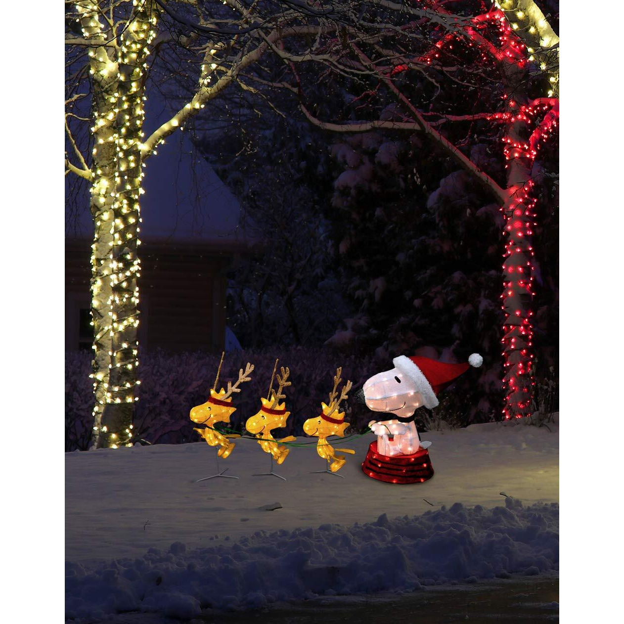 Productworks 60-Inch Peanuts 4-Piece 3D Led Pre-Lit Snoopy In Dog Bowl Sled With Woodstock Reindeer Christmas D  Cor, 180 Lights