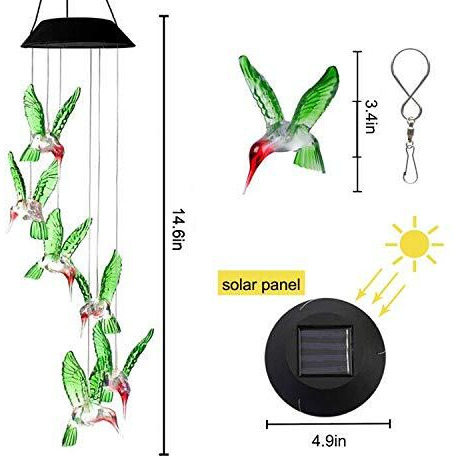 Ninite Solar Wind Chimes, Outdoor Waterproof Color Changing Decorative Mobile With 6 Hanging Hummingbird Lights For Home, Patio, Lawn, Garden, Yard - Great Gifts For Mom's Birthday