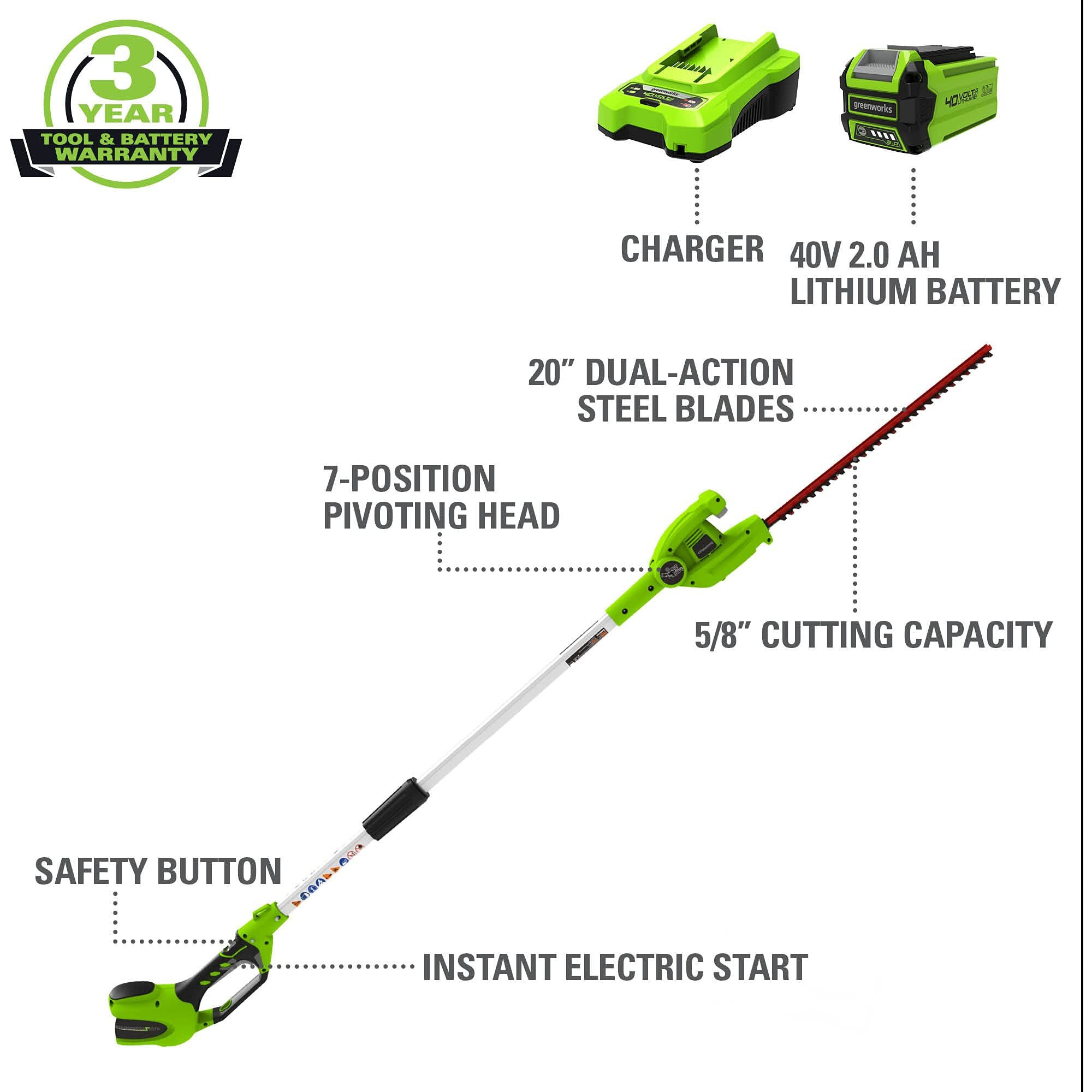 Greenworks 40V 20"" Cordless Pole Hedge Trimmer, 2.0Ah Battery And Charger Included