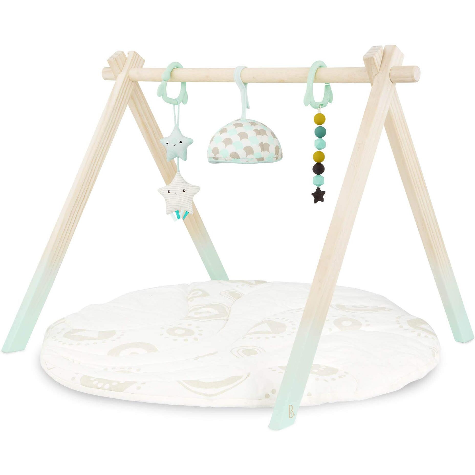 B. Toys- B. Baby- Wooden Baby Play Gym - Activity Mat - Starry Sky - 3 Hanging Sensory Toys - Natural Wood - Babies, Infants
