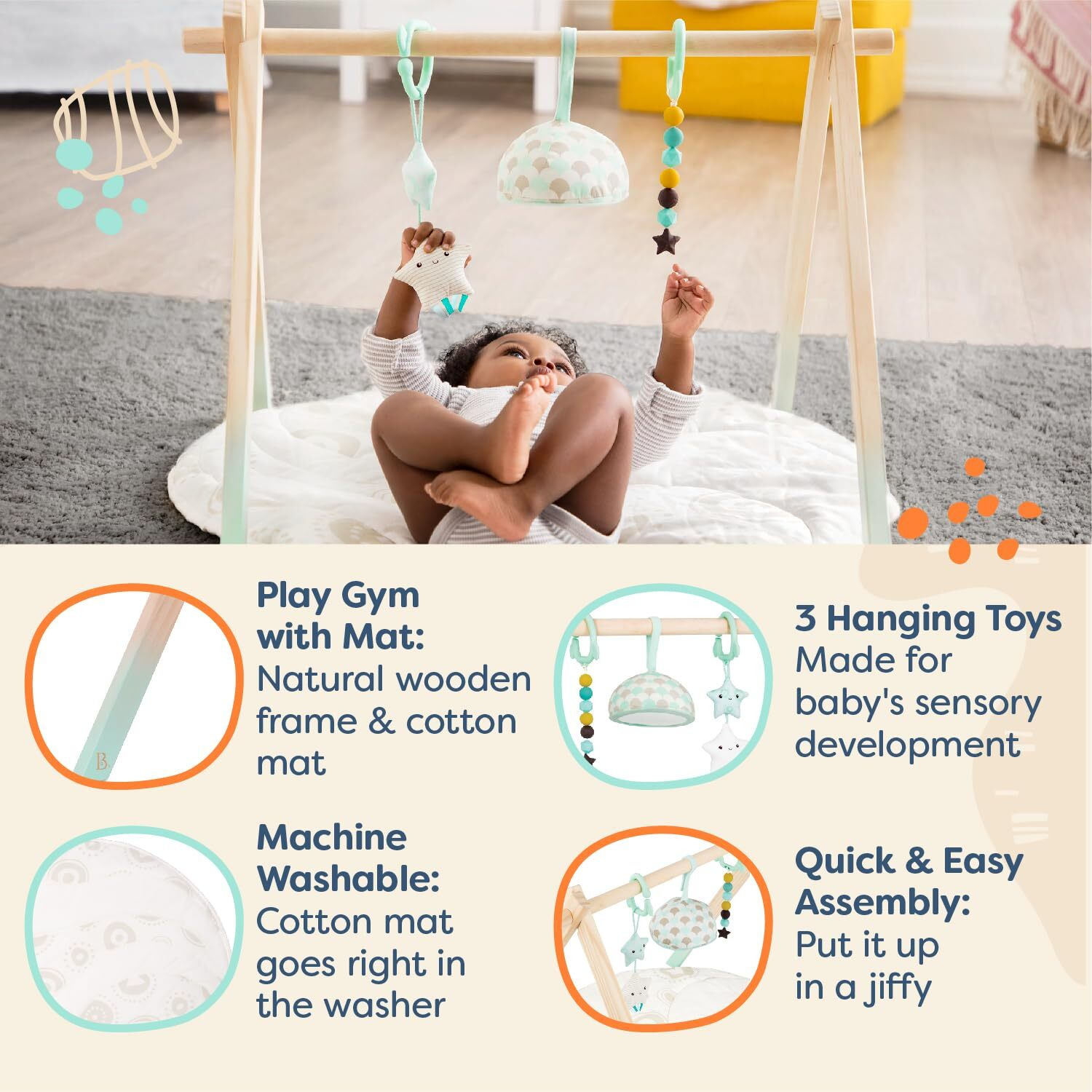 B. Toys- B. Baby- Wooden Baby Play Gym - Activity Mat - Starry Sky - 3 Hanging Sensory Toys - Natural Wood - Babies, Infants