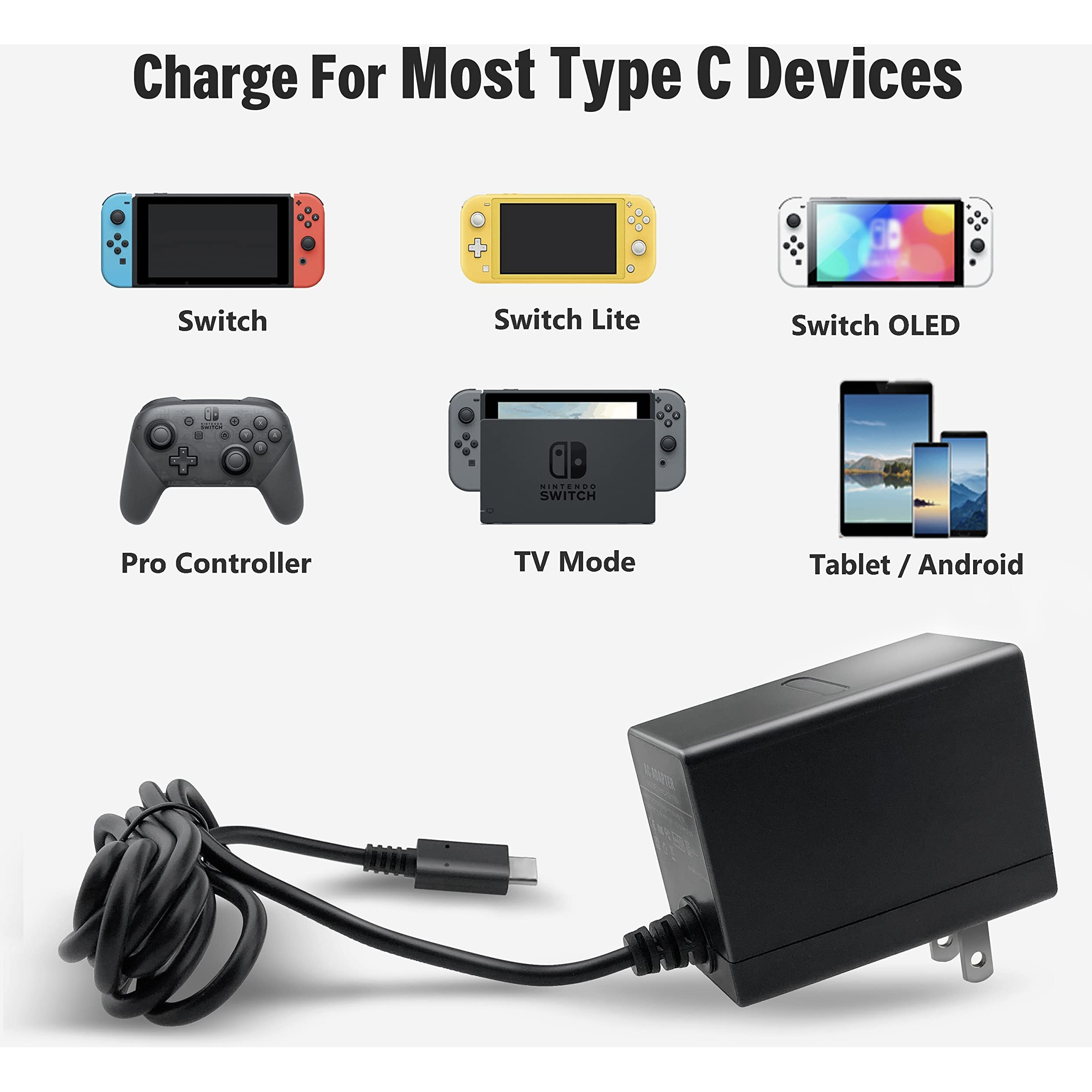 Charger For Nintendo Switch/Lite/Oled/Steam Deck,Support Tv Mode,Hac-002 Usb-C Fast Charger Replacement For Steam Deck/Switch/Switch Lite/Switch Oled/Switch Dock Station 15V 2.6A Power Supply Adapter