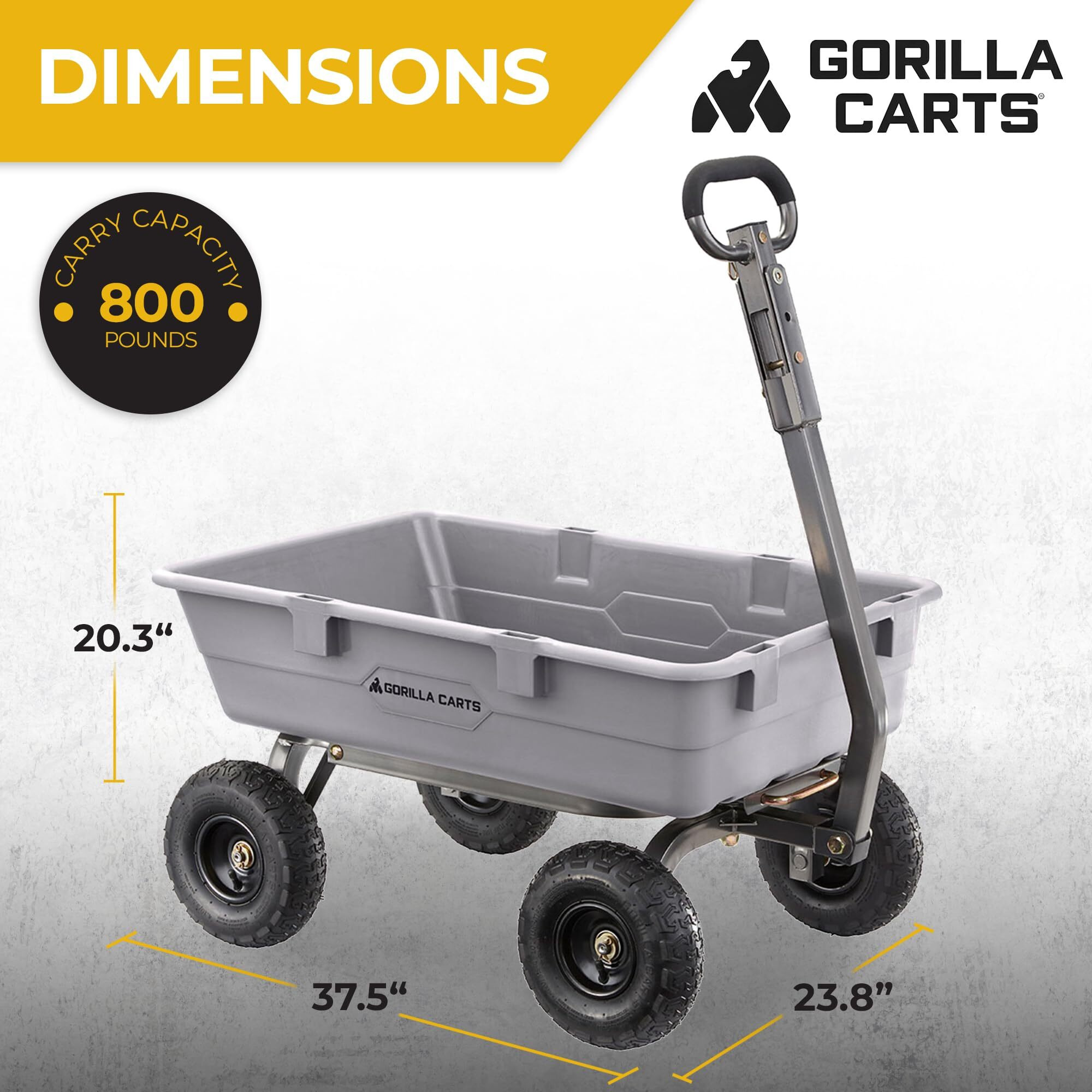 Gorilla Carts 800 Pound Capacity Heavy Duty Poly Yard Garden Steel Dump Utility Wheelbarrow Wagon Cart With 2-In-1 Towing Atv Handle, Gray