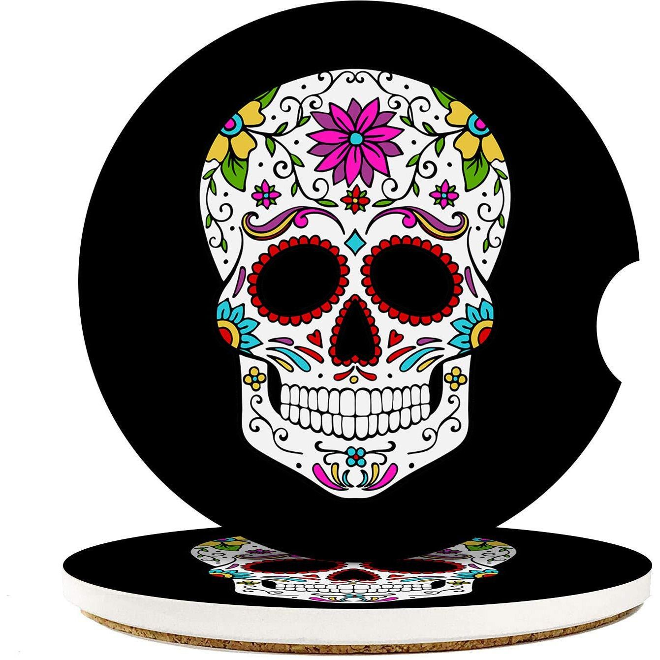 Britimes Absorbent Car Coasters 2 Pack For Cup Holders, 2.56"" Ceramic Stone & Non-Scratch Cork Base Drink Coasters Sugar Skull