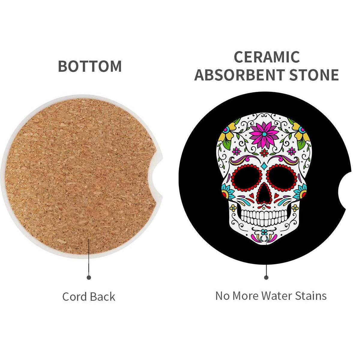 Britimes Absorbent Car Coasters 2 Pack For Cup Holders, 2.56"" Ceramic Stone & Non-Scratch Cork Base Drink Coasters Sugar Skull