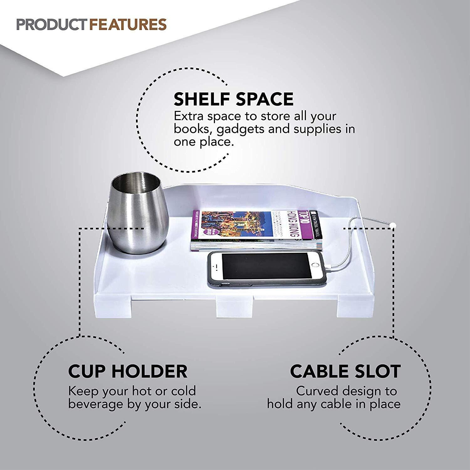 Modern Innovations Bedside Shelf For Bed, College Dorm Room, Bunk Bed Shelf/Caddy For Top Bunk, Clip On Nightstand Tray With Cord And Cup Holder For Table Storage (White)