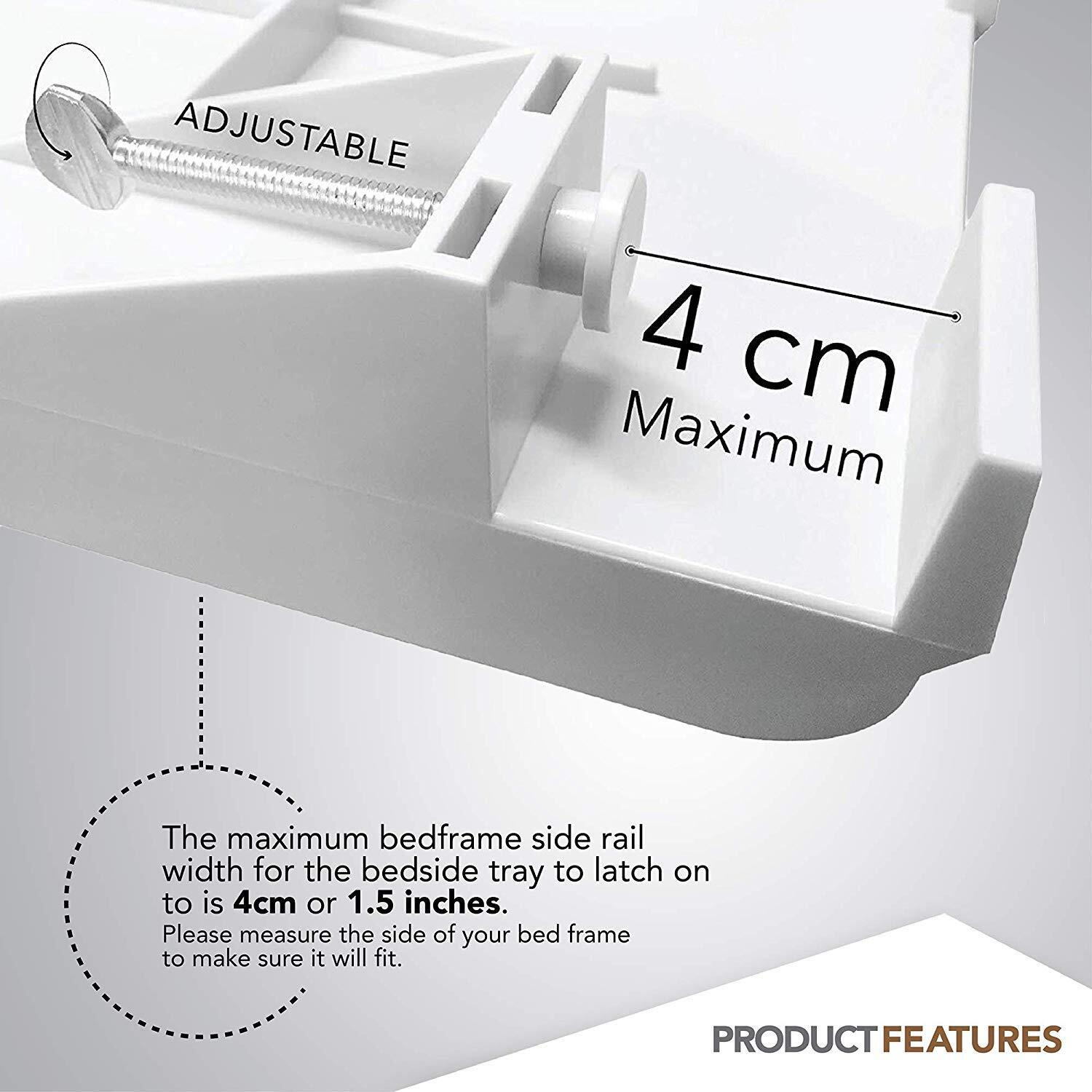 Modern Innovations Bedside Shelf For Bed, College Dorm Room, Bunk Bed Shelf/Caddy For Top Bunk, Clip On Nightstand Tray With Cord And Cup Holder For Table Storage (White)