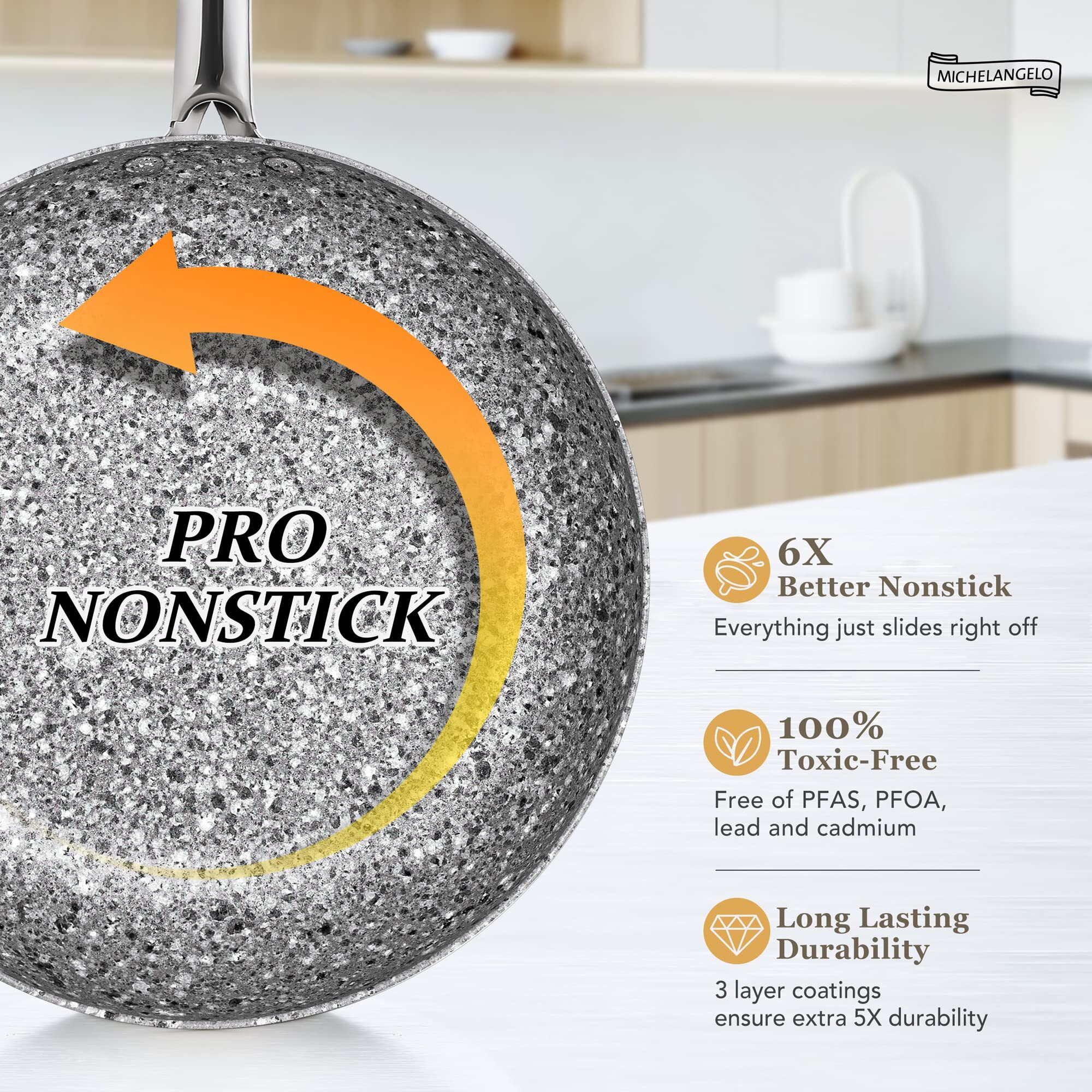 Michelangelo Frying Pans Set With 100% Apeo & Pfoa-Free Stone Non Stick Coating, Granite Skillet Set, Nonstick Skillets 3 Pcs,8/9.5/11 Inch