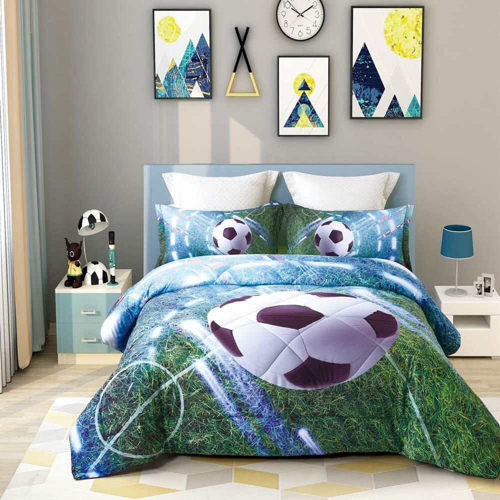 Wowelife Soccer Bedding Set Green Queen 5 Pieces Soccer Comforter Set For Boys And Girls Queen Size Kids Bed In A Bag With Comforter, Sheets And 2 Pillowcases