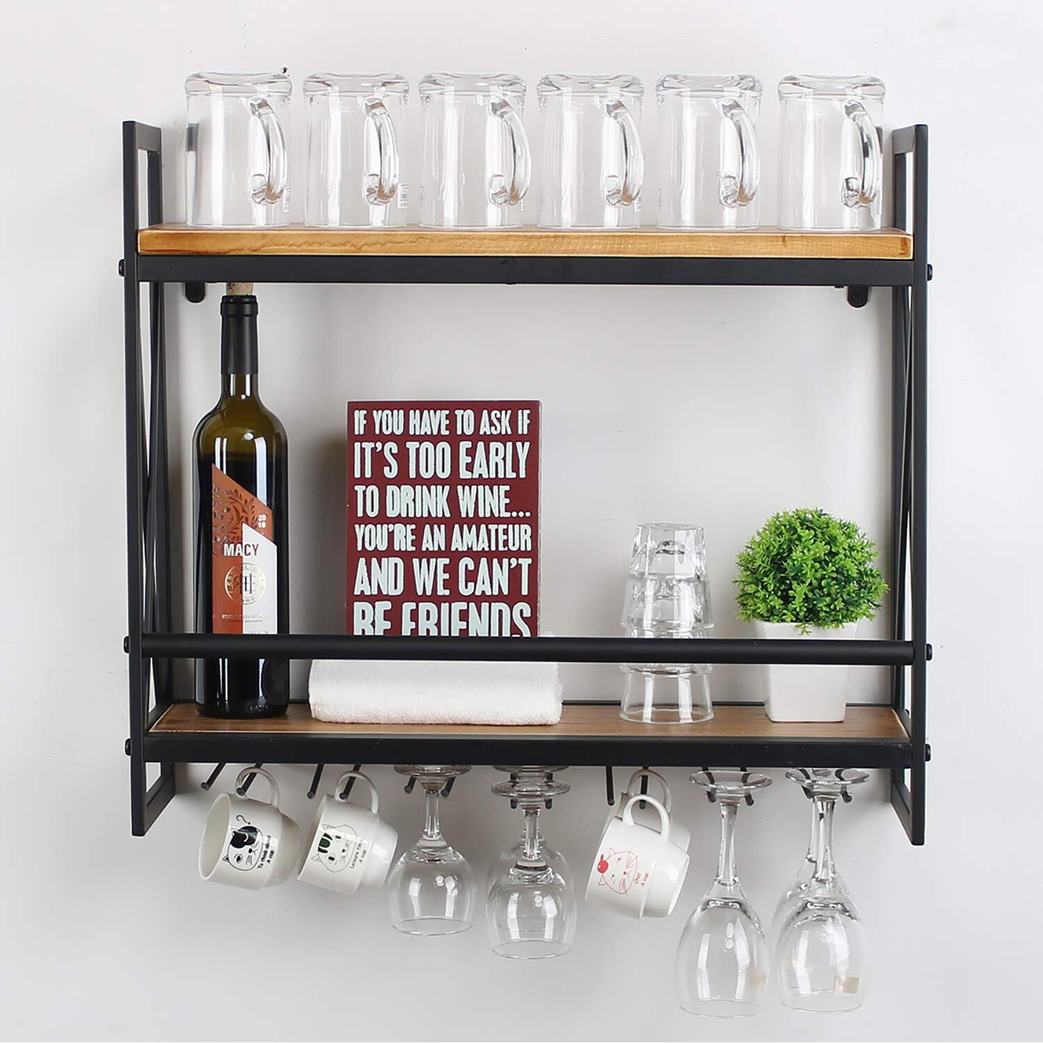 Mbqq Rustic Wall Mounted Wine Racks With 6 Stem Glass Holder,23.6In Industrial Metal Hanging Wine Rack,2-Tiers Wood Shelf Floating Shelves,Home Room Living Room Kitchen Decor Display Rack