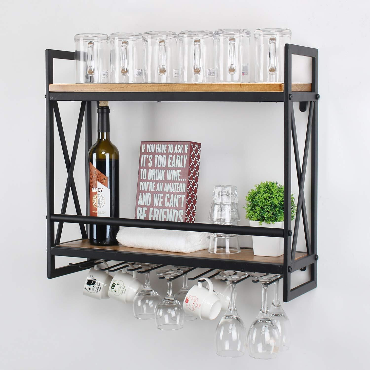 Mbqq Rustic Wall Mounted Wine Racks With 6 Stem Glass Holder,23.6In Industrial Metal Hanging Wine Rack,2-Tiers Wood Shelf Floating Shelves,Home Room Living Room Kitchen Decor Display Rack