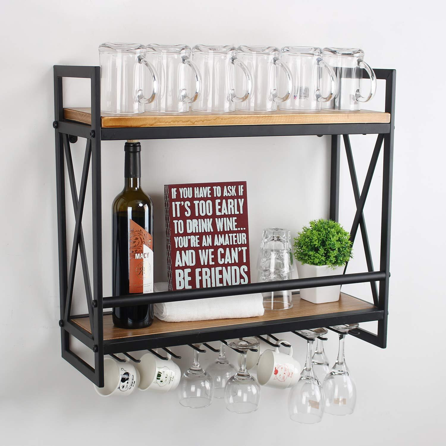 Mbqq Rustic Wall Mounted Wine Racks With 6 Stem Glass Holder,23.6In Industrial Metal Hanging Wine Rack,2-Tiers Wood Shelf Floating Shelves,Home Room Living Room Kitchen Decor Display Rack