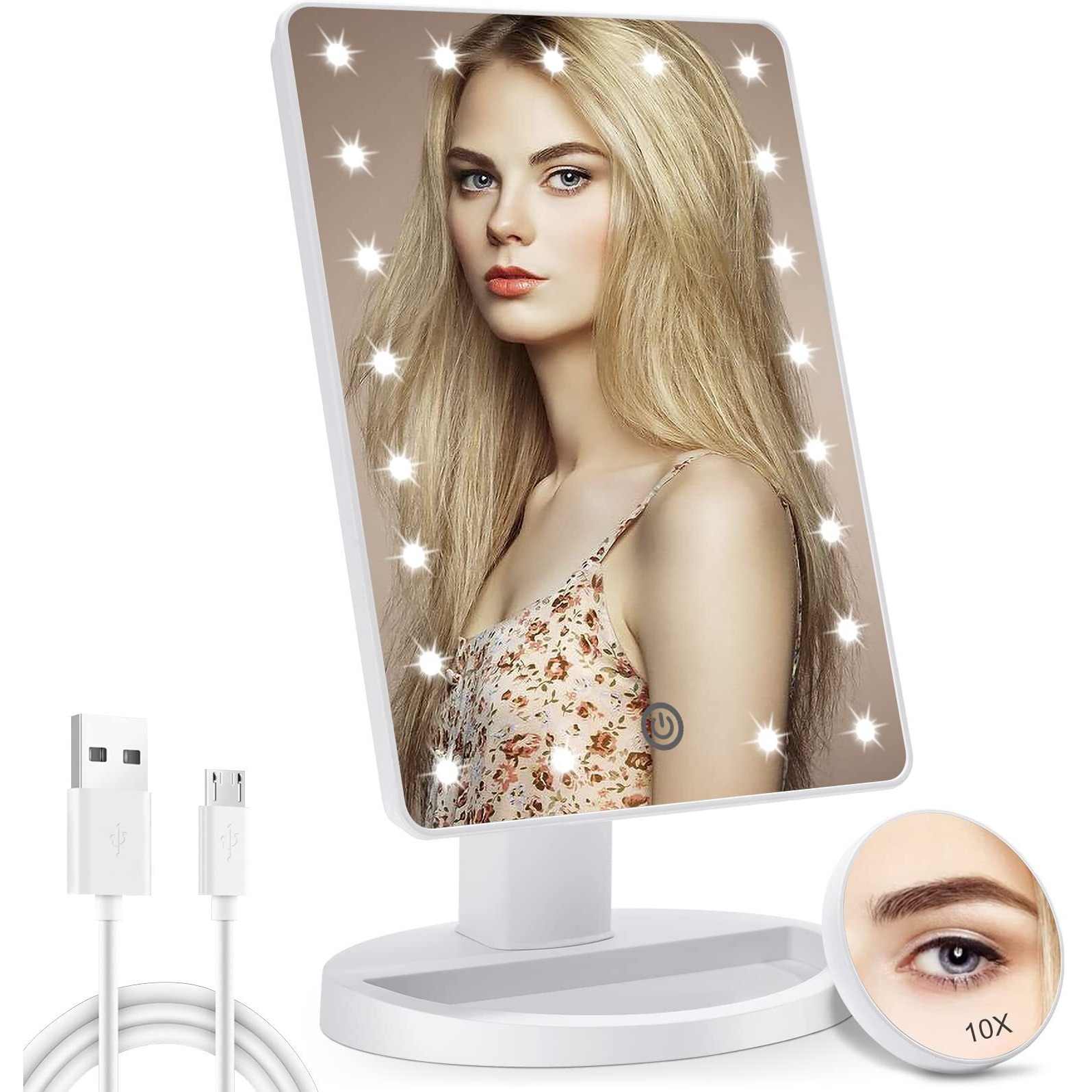 Cosmirror Lighted Makeup Vanity Mirror With 10X Magnifying Mirror, 21 Led Lighted Mirror With Touch Sensor Dimming, 180Adjustable Rotation, Dual Power Supply, Portable Cosmetic Mirror (White)