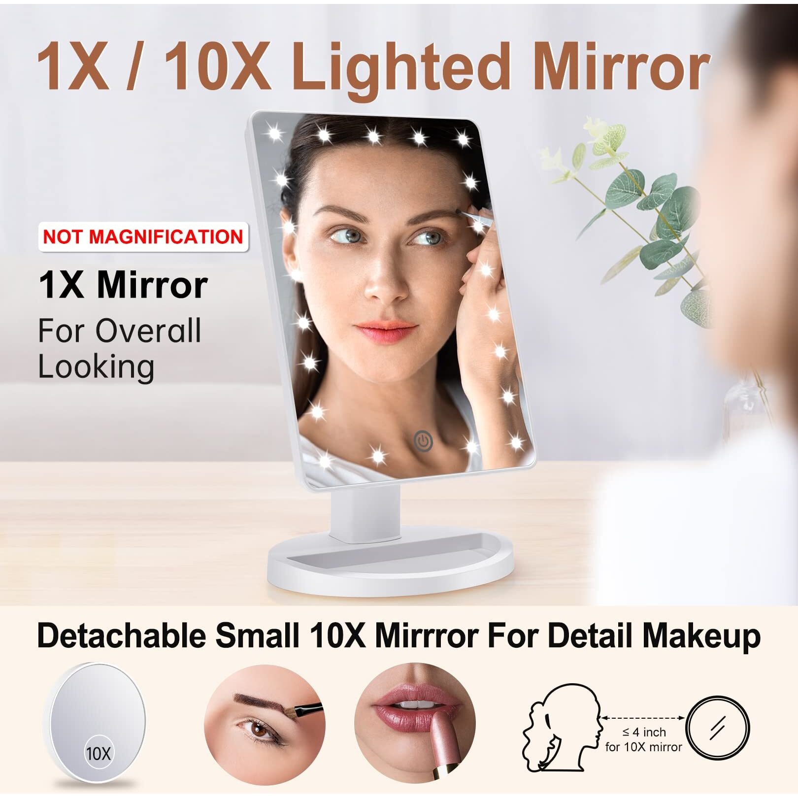 Cosmirror Lighted Makeup Vanity Mirror With 10X Magnifying Mirror, 21 Led Lighted Mirror With Touch Sensor Dimming, 180Adjustable Rotation, Dual Power Supply, Portable Cosmetic Mirror (White)