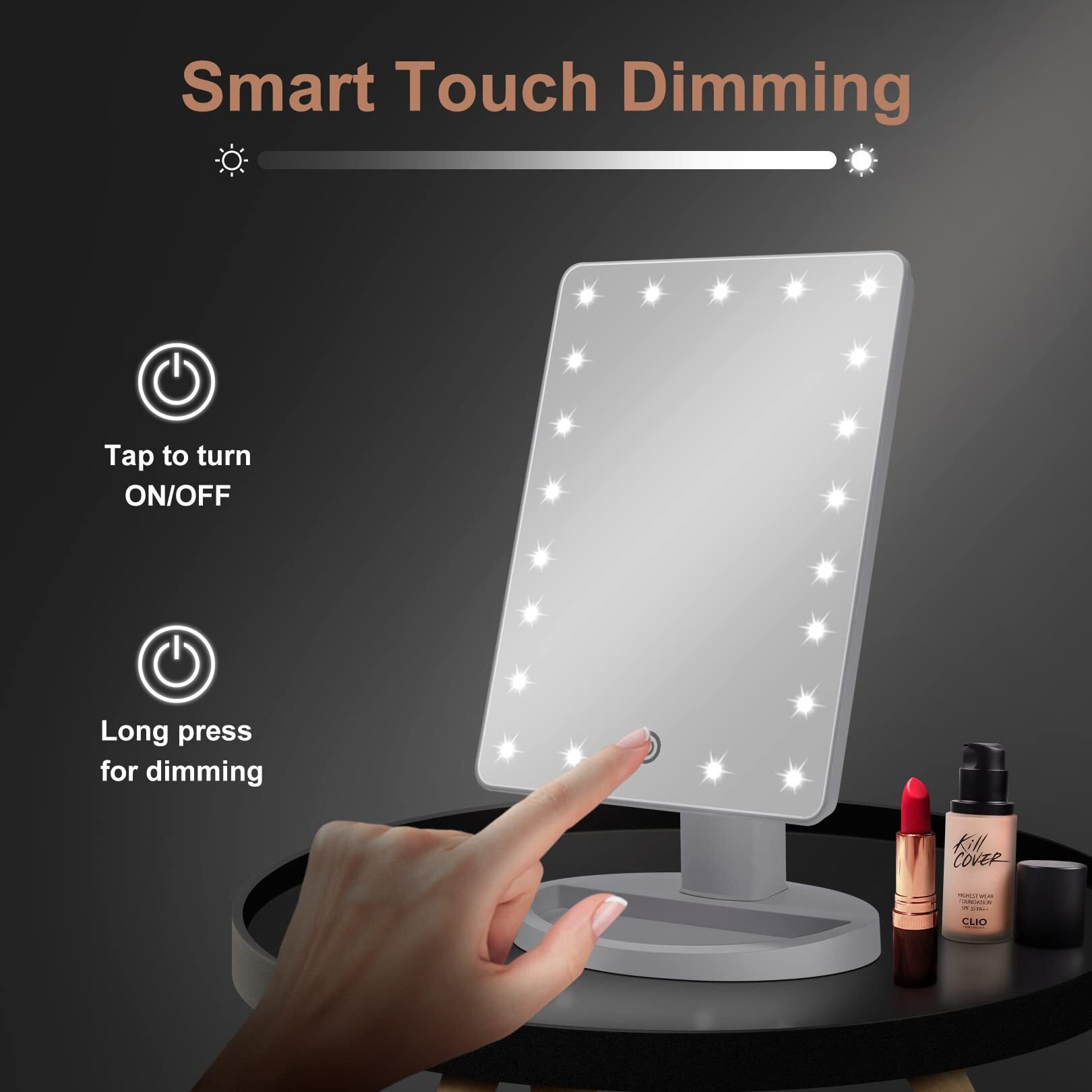 Cosmirror Lighted Makeup Vanity Mirror With 10X Magnifying Mirror, 21 Led Lighted Mirror With Touch Sensor Dimming, 180Adjustable Rotation, Dual Power Supply, Portable Cosmetic Mirror (White)