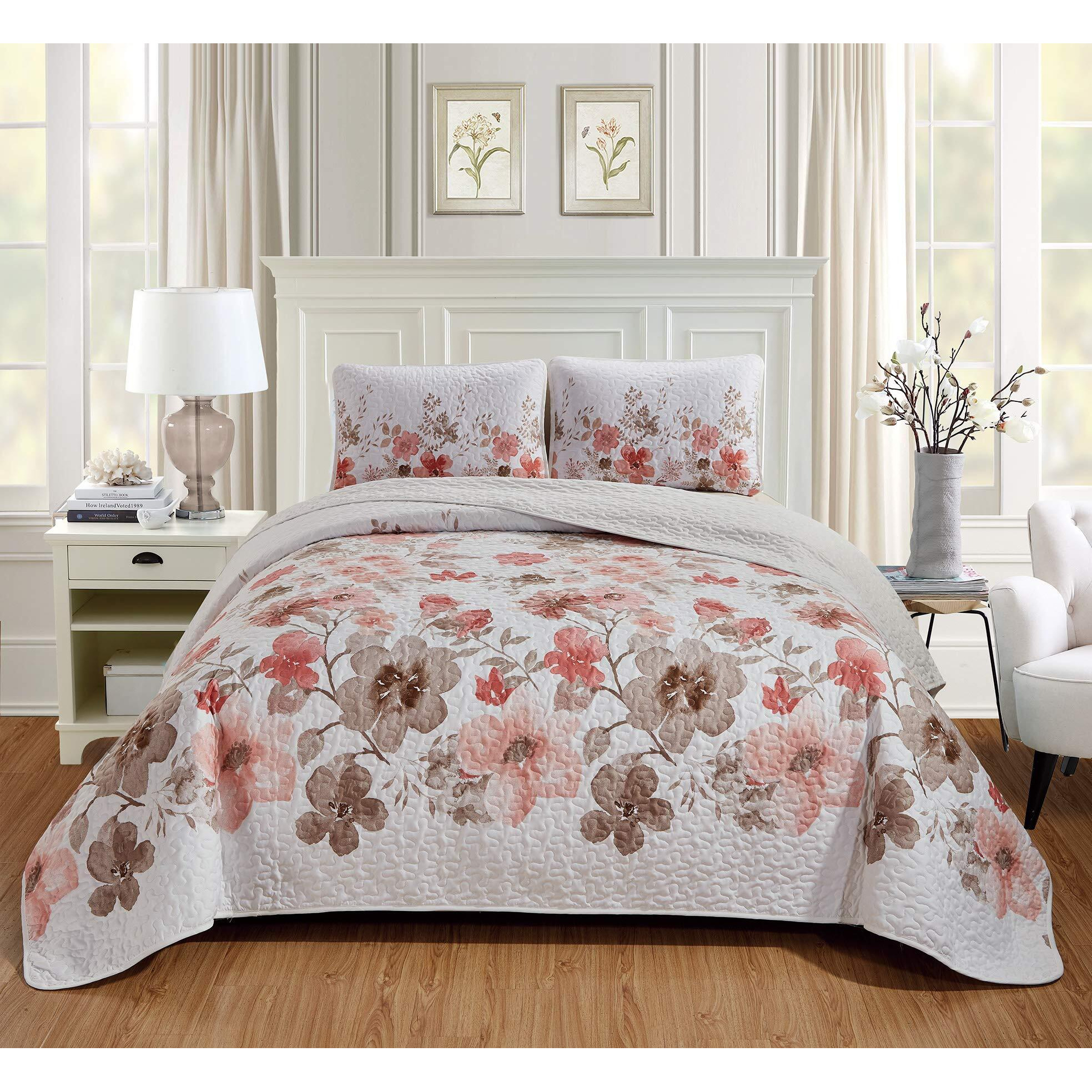 Luxury Home Collection 3 Piece King/California King Quilted Reversible Coverlet Bedspread Set Floral Printed Coral Taupe White
