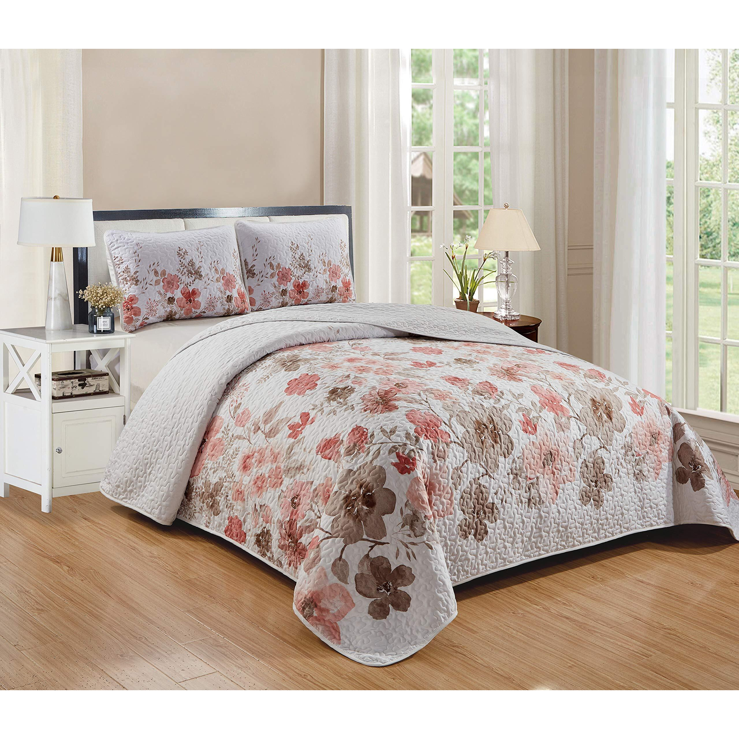 Luxury Home Collection 3 Piece King/California King Quilted Reversible Coverlet Bedspread Set Floral Printed Coral Taupe White