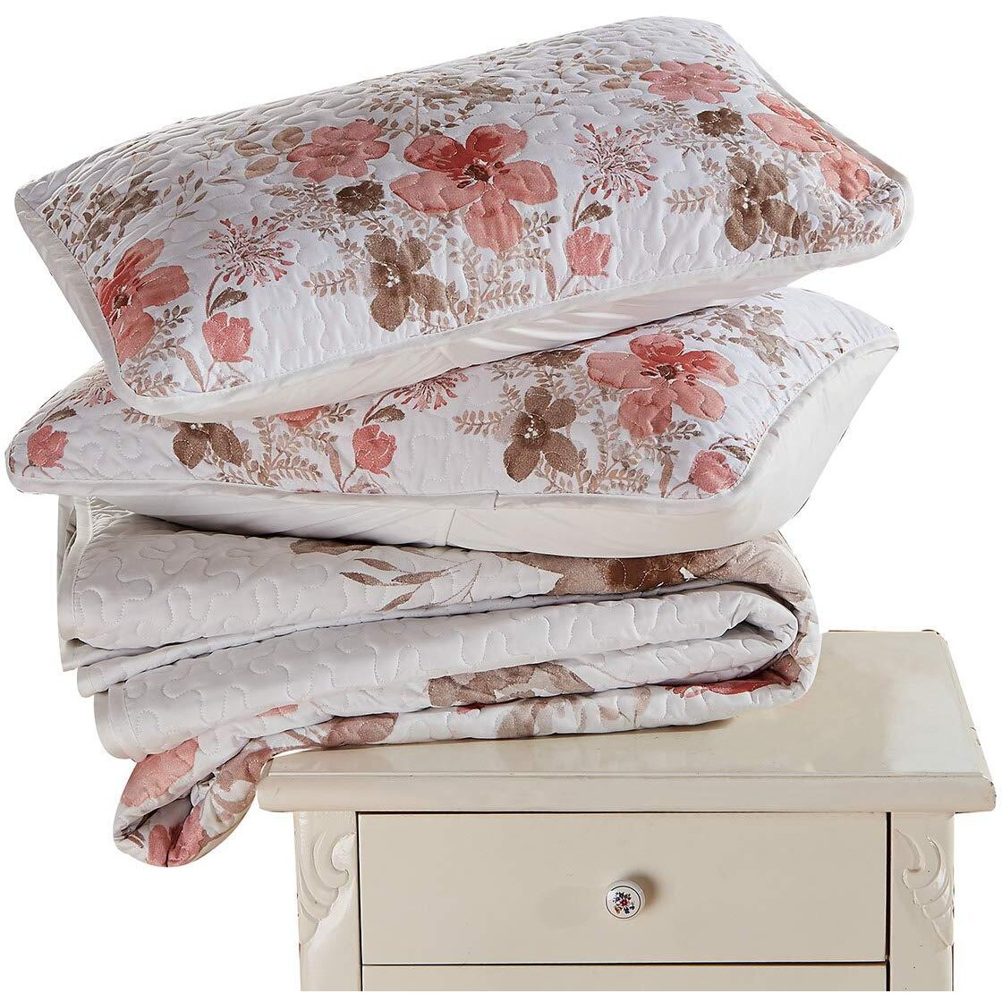 Luxury Home Collection 3 Piece King/California King Quilted Reversible Coverlet Bedspread Set Floral Printed Coral Taupe White