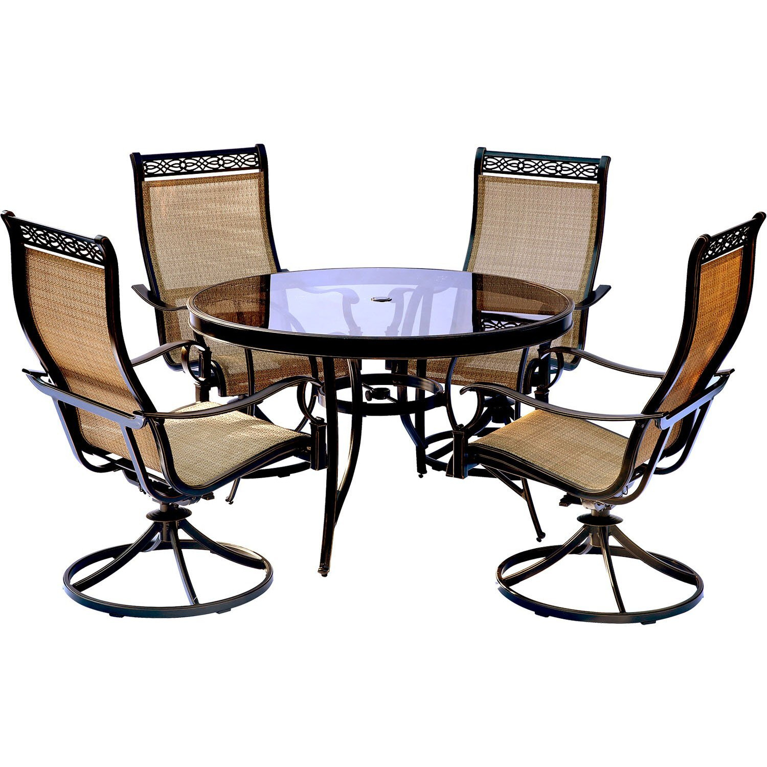 Hanover Monaco 5-Piece Outdoor Dining Set With 4 Tan Sling Swivel Rocker Chairs And 47"" Round Glass-Top Table, Bronze Rust Resistant Finish, Outdoor Dining Set For 4, All-Weather Patio Dining Set