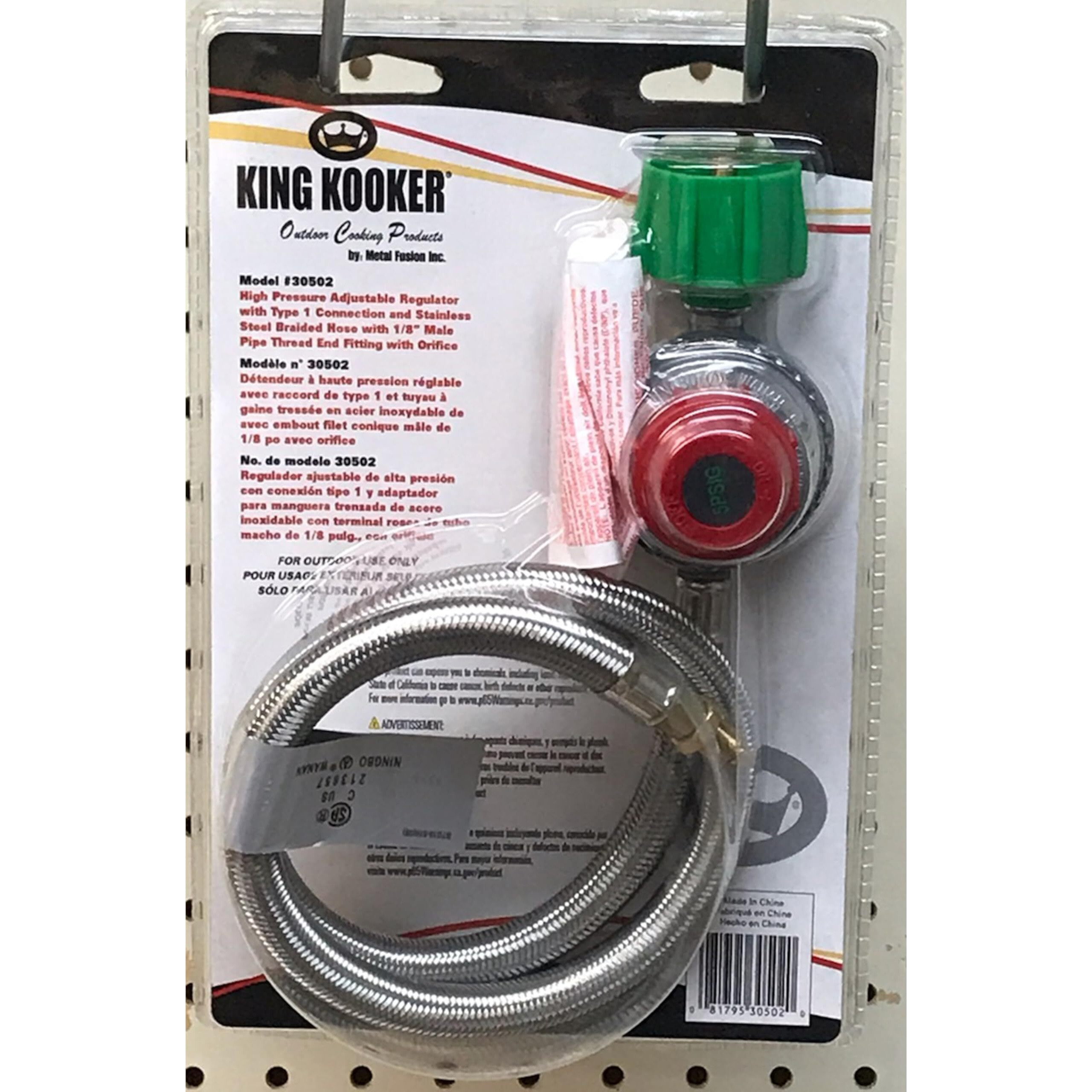 King Kooker 30502 High Pressure Adjustable Regulator With Type 1 Connection And Stainless Steel Braided Hose With 1/8-Inch Male Pipe Thread End Fitting With Orifice