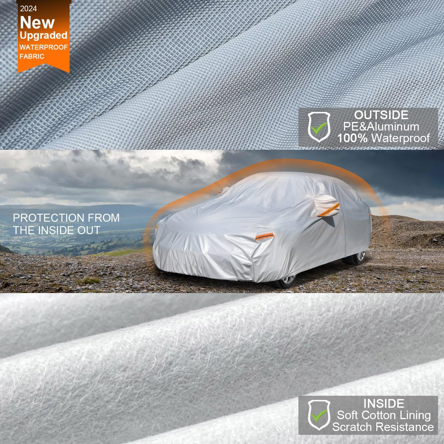 Kayme 6 Layers Car Cover Waterproof All Weather For Automobiles, Outdoor Full Cover Rain Sun Uv Protection With Zipper Cotton, Size A2 3Xl Universal Fit For Sedan (186-193 Inch)