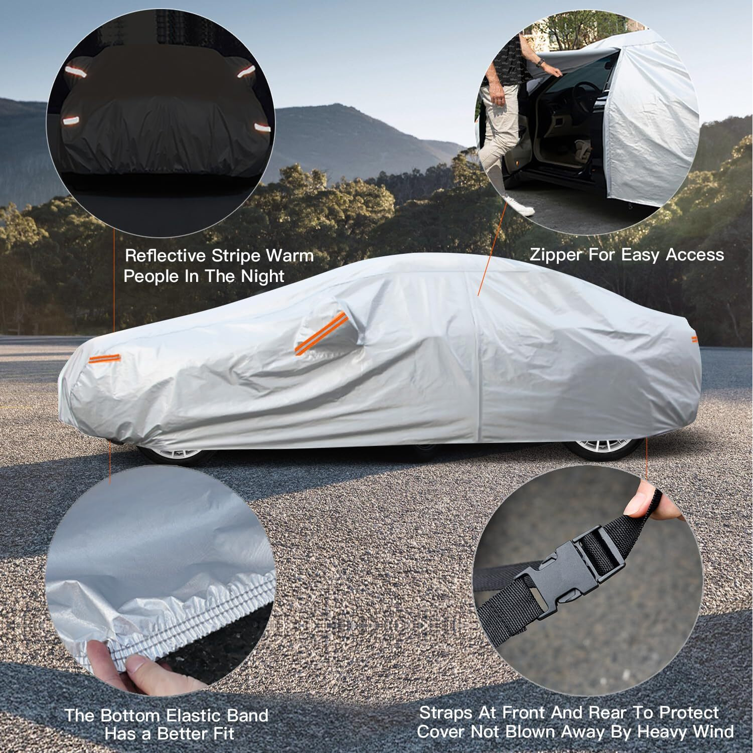 Kayme 6 Layers Car Cover Waterproof All Weather For Automobiles, Outdoor Full Cover Rain Sun Uv Protection With Zipper Cotton, Size A2 3Xl Universal Fit For Sedan (186-193 Inch)