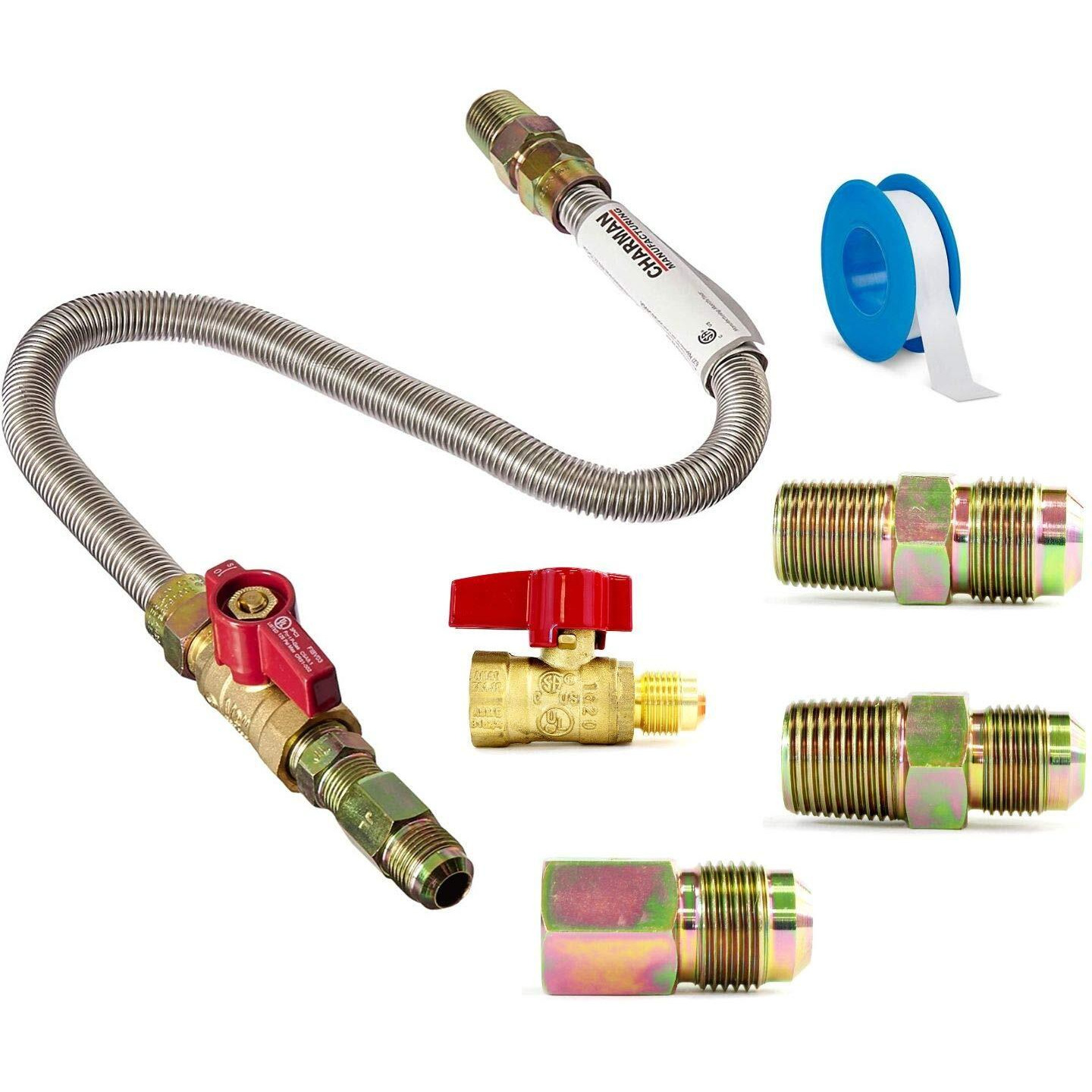 Universal Gas Appliance Installation Kit - 22    One-Stop Range Hook-Up - Stainless Steel Flexible Connector Line -     Brass Flare Shut Off Valve & Couplings - Water Heater Stove Fireplace