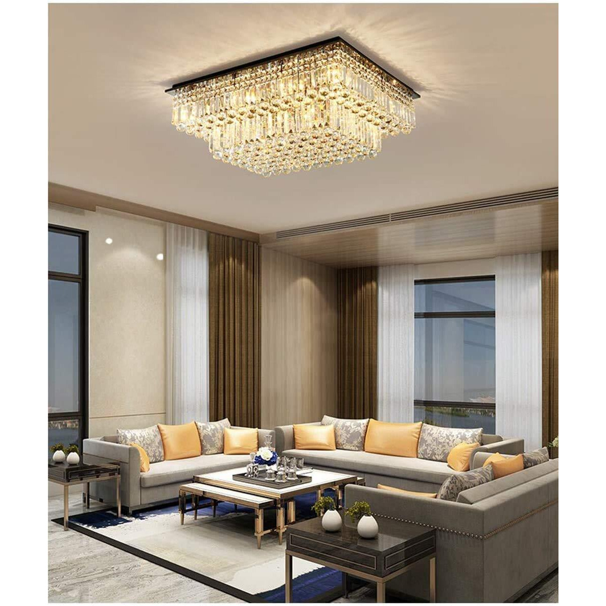 Siljoy Modern Crystal Chandelier, Large Flush Mount Ceiling Light Fixture 2-Tier K9 Crystal Raindrop Square Chandelier, Rectangular Chandeliers For Living Room Dining Room, L35.4 X W27.6 X H14