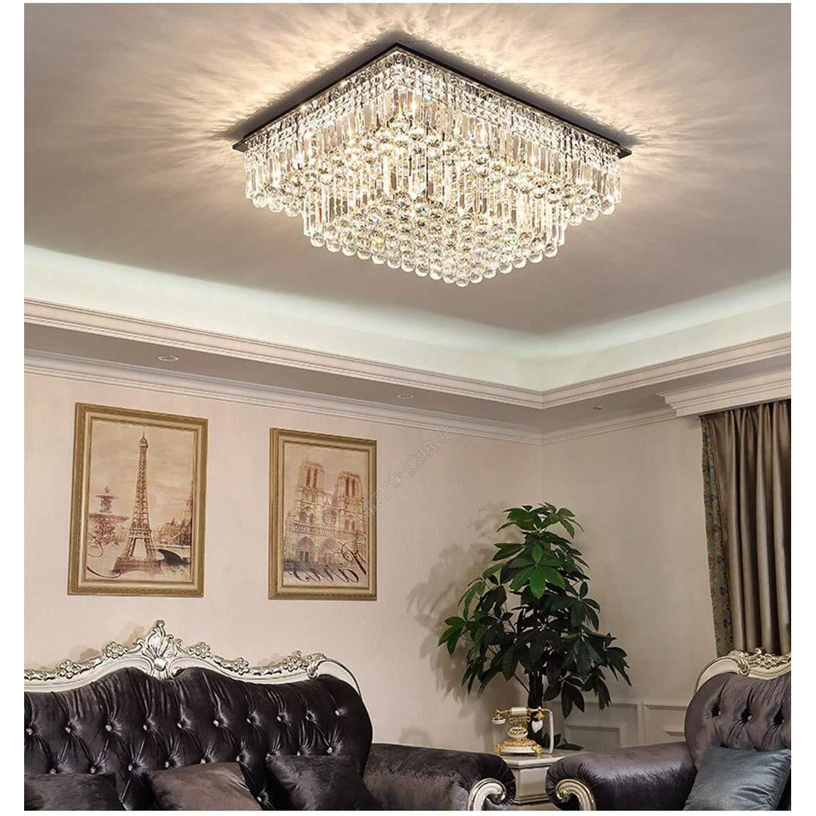 Siljoy Modern Crystal Chandelier, Large Flush Mount Ceiling Light Fixture 2-Tier K9 Crystal Raindrop Square Chandelier, Rectangular Chandeliers For Living Room Dining Room, L35.4 X W27.6 X H14