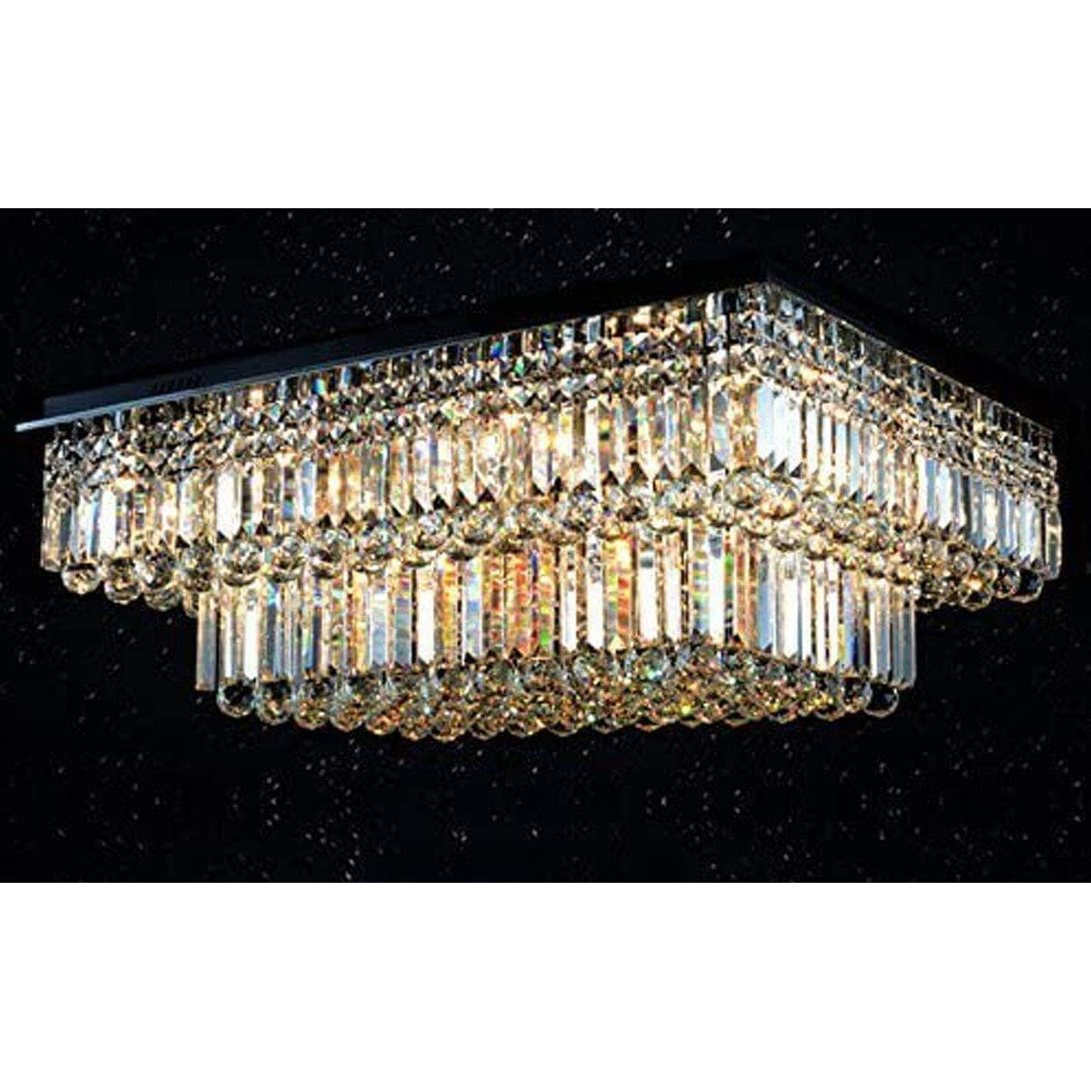 Siljoy Modern Crystal Chandelier, Large Flush Mount Ceiling Light Fixture 2-Tier K9 Crystal Raindrop Square Chandelier, Rectangular Chandeliers For Living Room Dining Room, L35.4 X W27.6 X H14