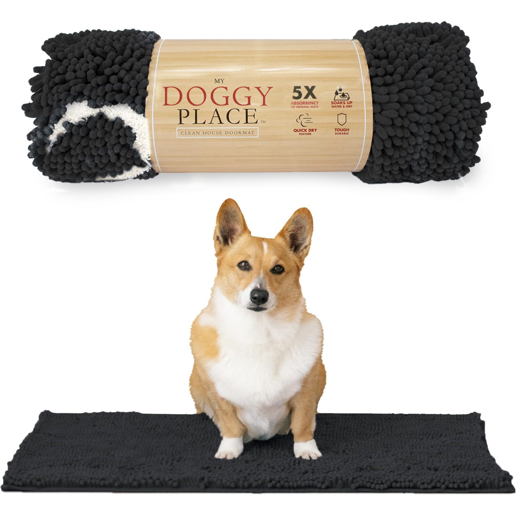 My Doggy Place Microfiber Dog Mat For Muddy Paws, 31"" X 20"" Charcoal With Paw Print - Absorbent And Quick-Drying Dog Paw Cleaning Mat, Washer And Dryer Safe - Non-Slip Rubber Backed Pet Mat, Medium