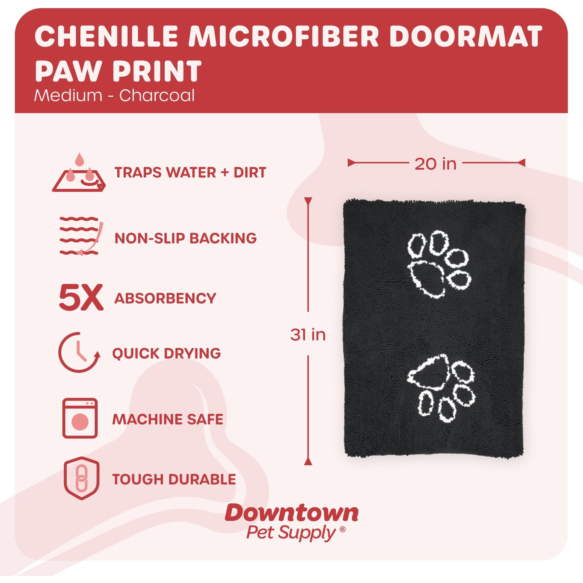 My Doggy Place Microfiber Dog Mat For Muddy Paws, 31"" X 20"" Charcoal With Paw Print - Absorbent And Quick-Drying Dog Paw Cleaning Mat, Washer And Dryer Safe - Non-Slip Rubber Backed Pet Mat, Medium