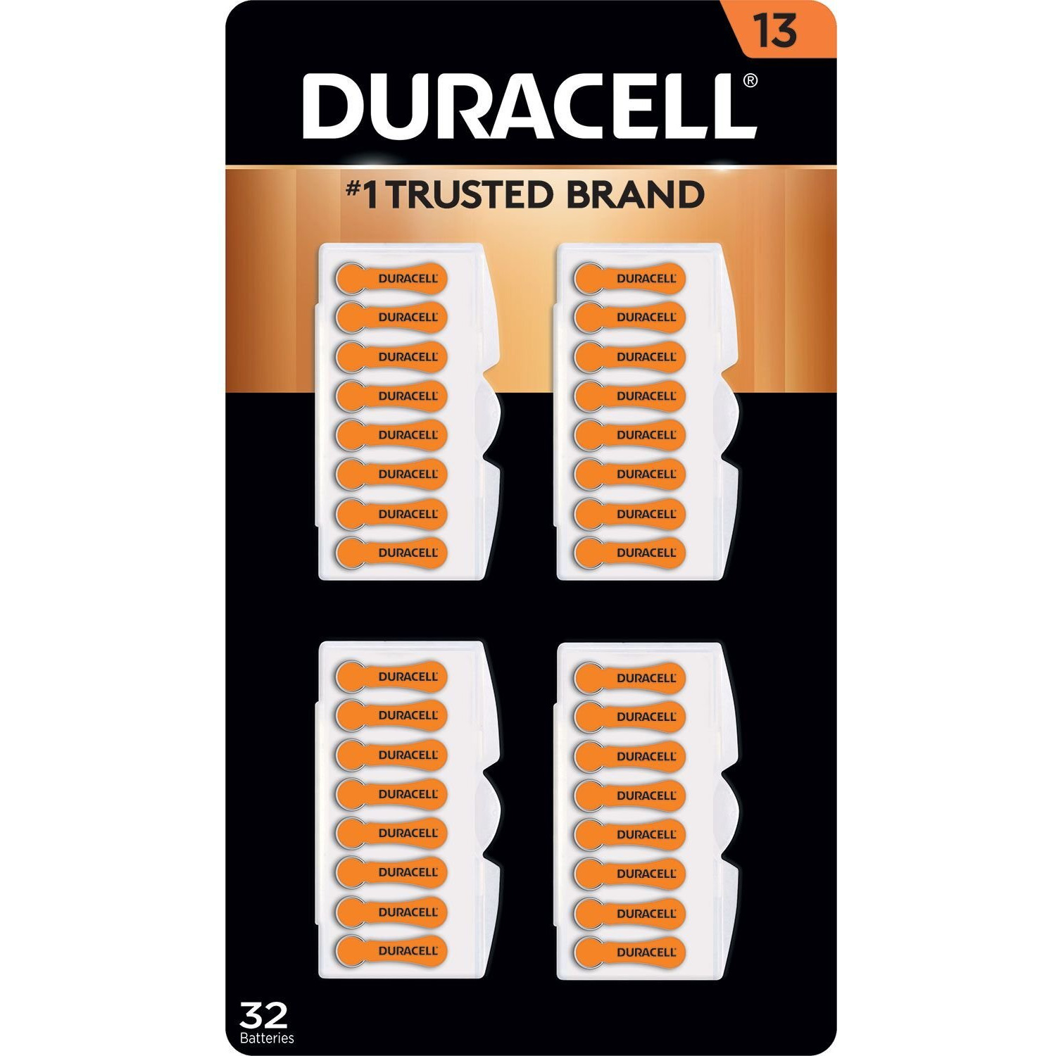 Duracell Hearing Aid Batteries Orange Size 13, 32 Count Pack, 13A Size Hearing Aid Battery With Long-Lasting Power, Extra-Long Easytab Install For Hearing Aid Devices
