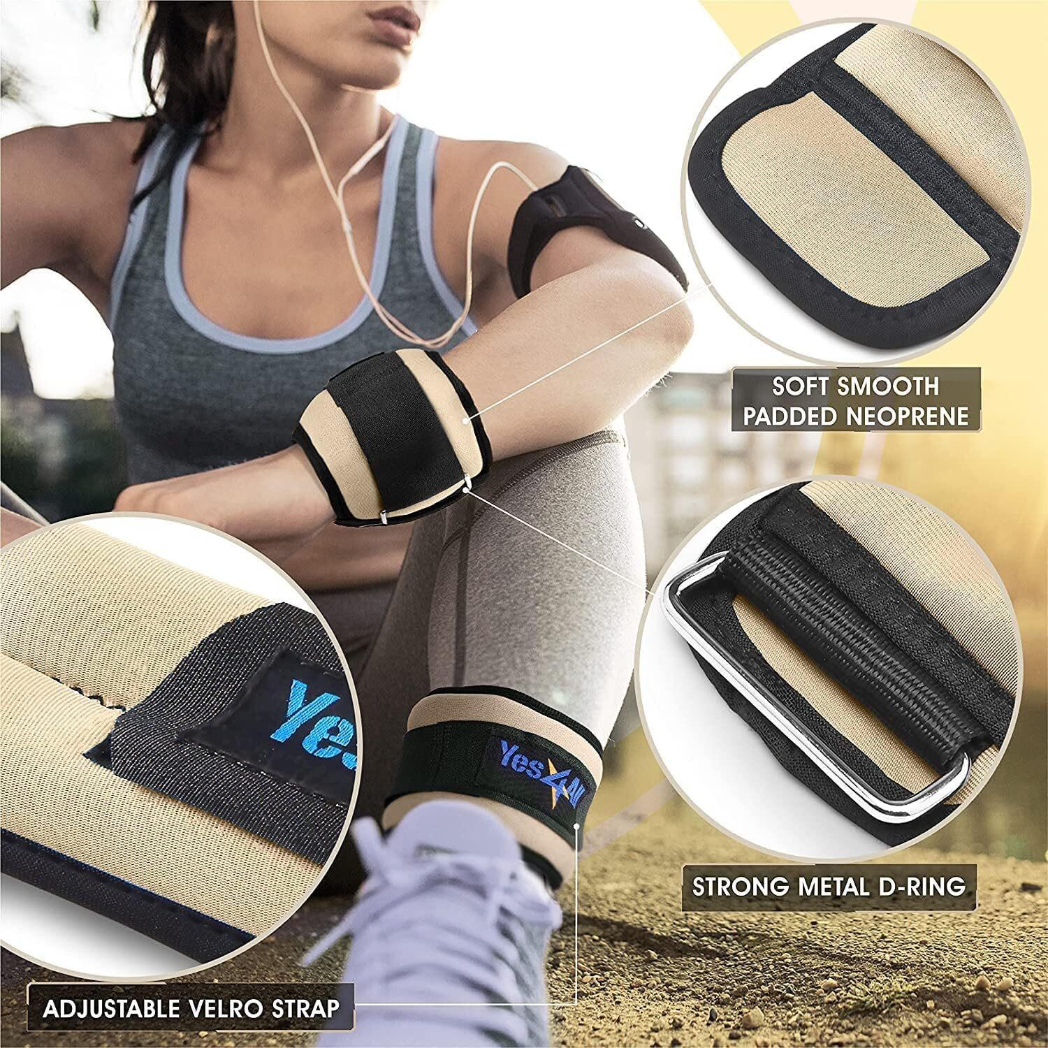 Yes4All Wrist & Ankle Weights Pair 1Lb -10Lbs For Women, Men, Kids Adjustable Strap - Walking, Jogging, Pilates, Gym Fitness Workout (1 Lbs X2, Beige)