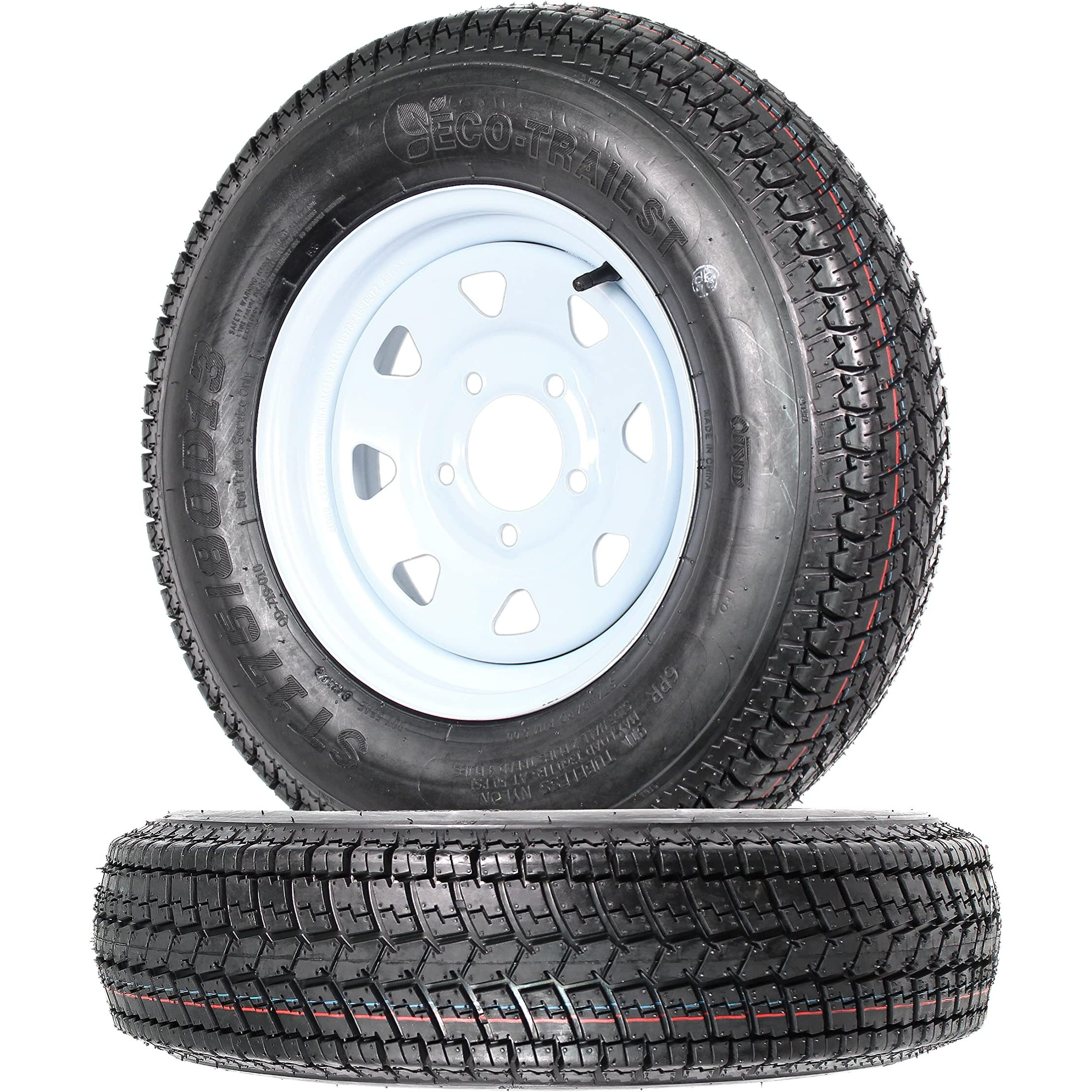 2-Pk Trailer Tire On Rim St175/80D13 175/80 13 In. Lrc 5 Hole White Spoke Wheel