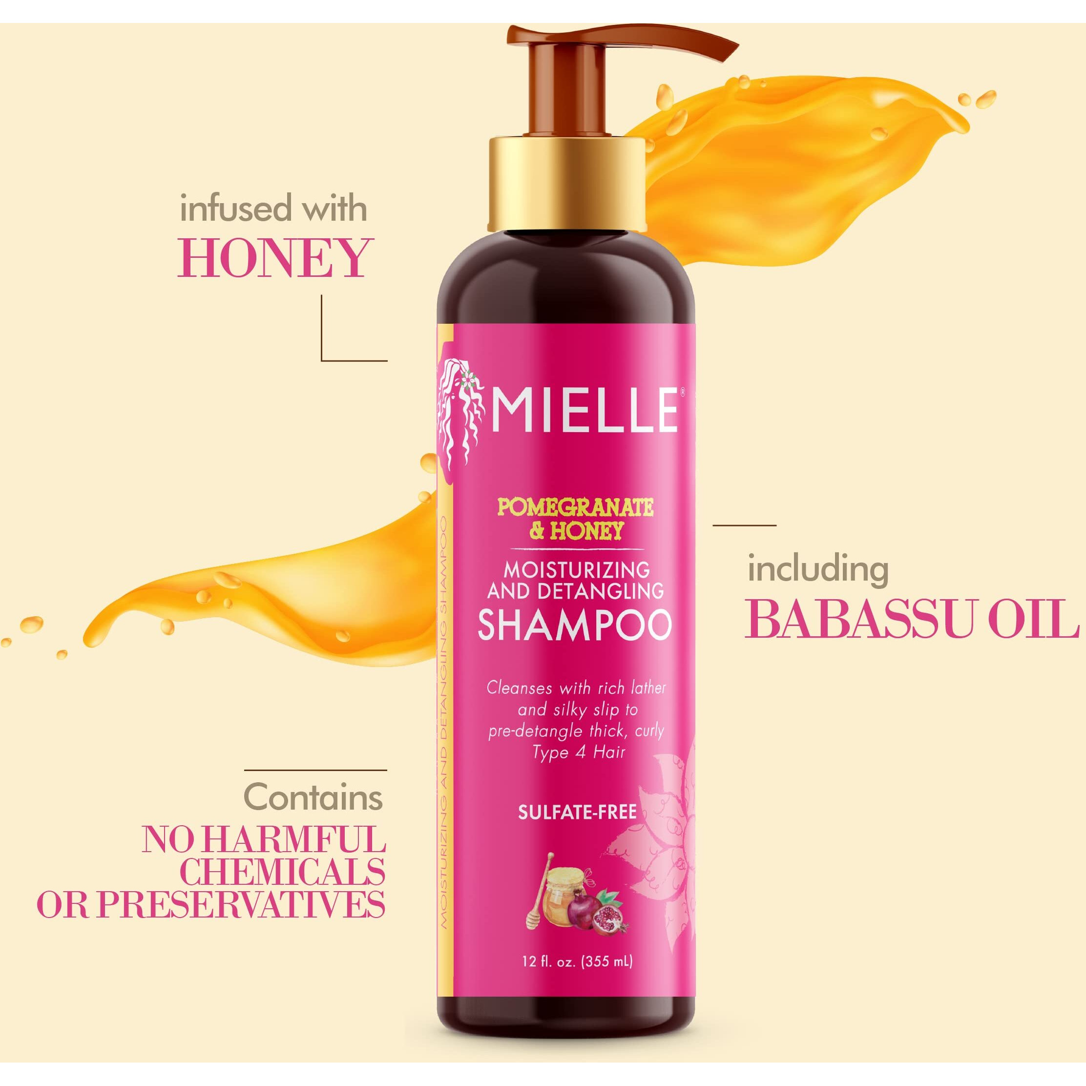 Mielle Organics Pomegranate & Honey Moisturizing And Detangling Shampoo, Hydrating Curl Cleanser For Dry, Damaged Type 4 Hair, Repair, Restore, And Prevent Frizz, 12-Fluid Ounces