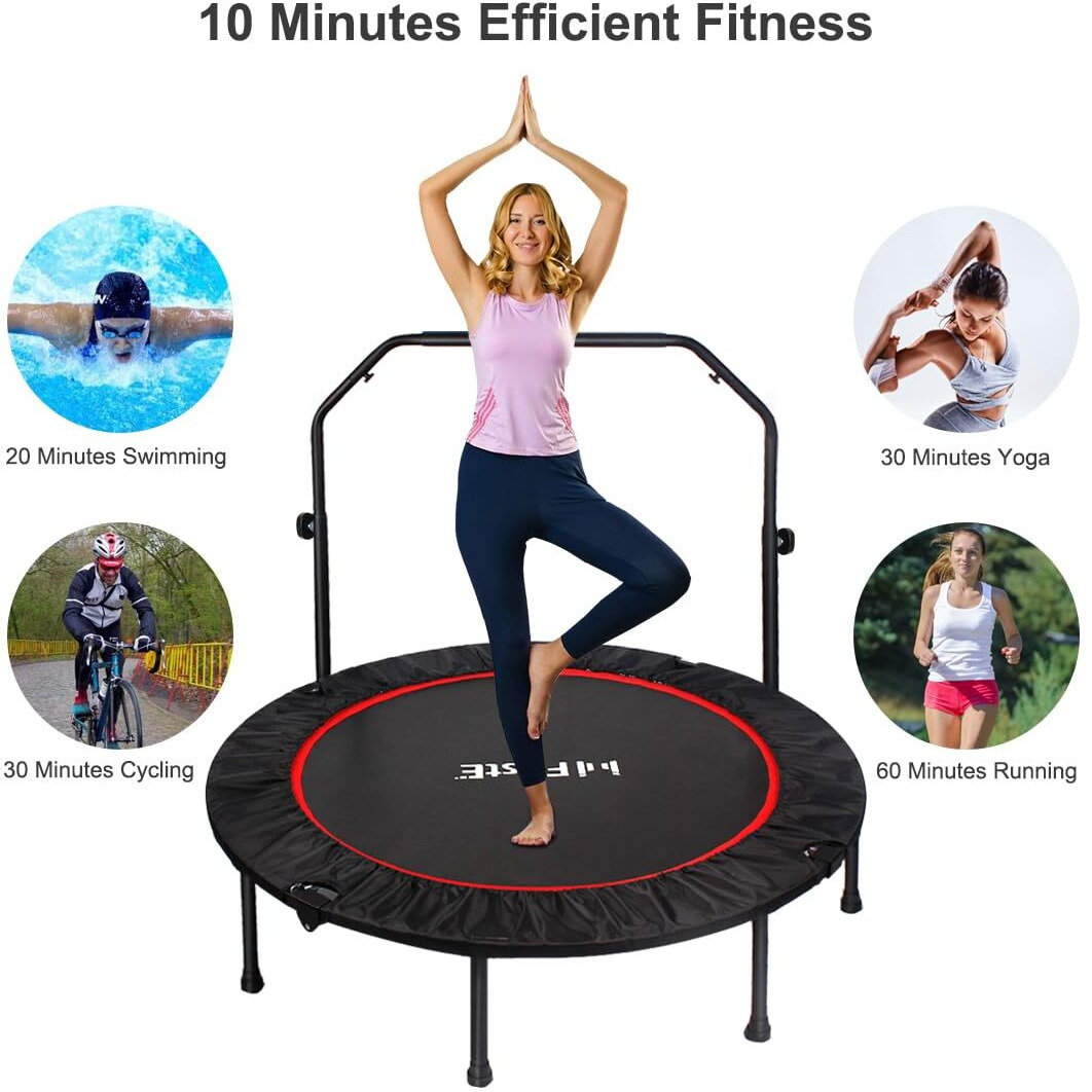 48 Inch Foldable Fitness Trampolines With 4 Level Adjustable Heights Foam Handrail,Jump Trampoline For Kids And Adults Indoor&Outdoor, Max Load 440Lbs