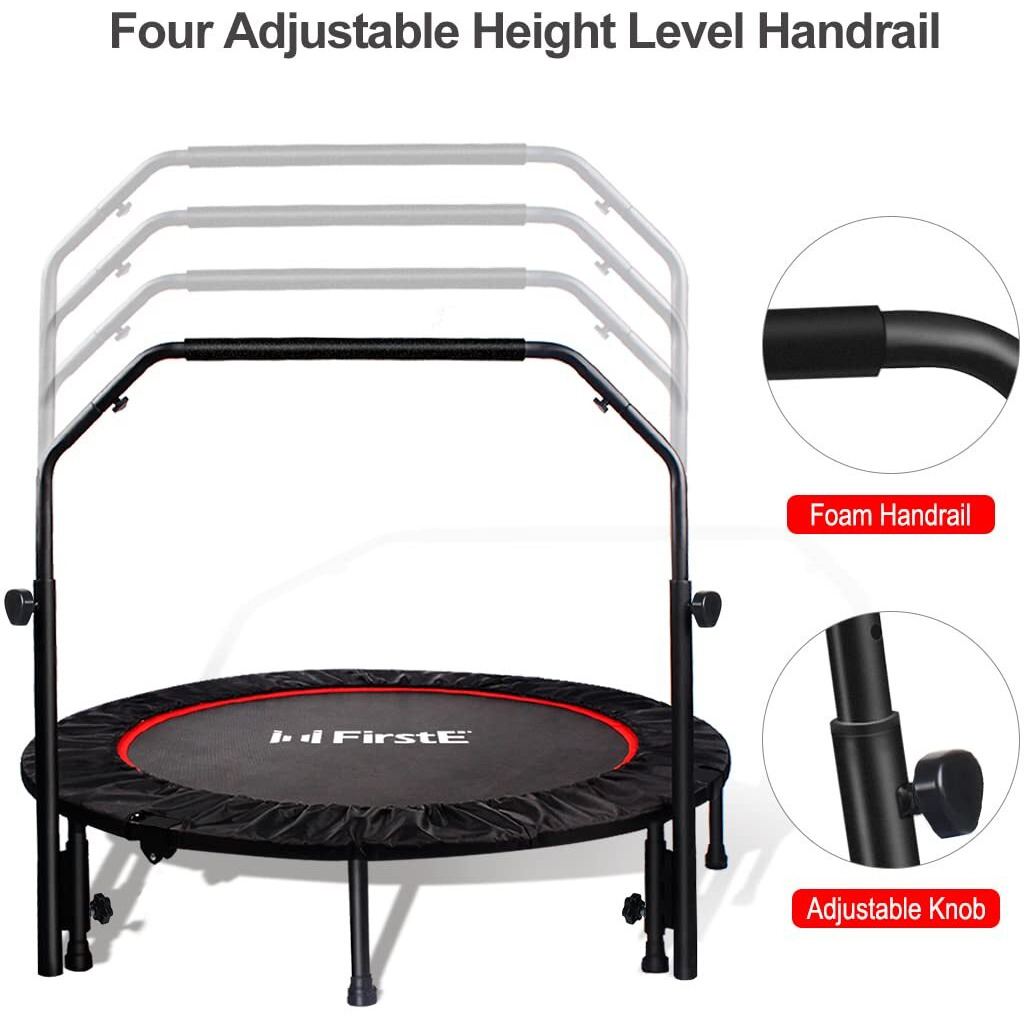 48 Inch Foldable Fitness Trampolines With 4 Level Adjustable Heights Foam Handrail,Jump Trampoline For Kids And Adults Indoor&Outdoor, Max Load 440Lbs