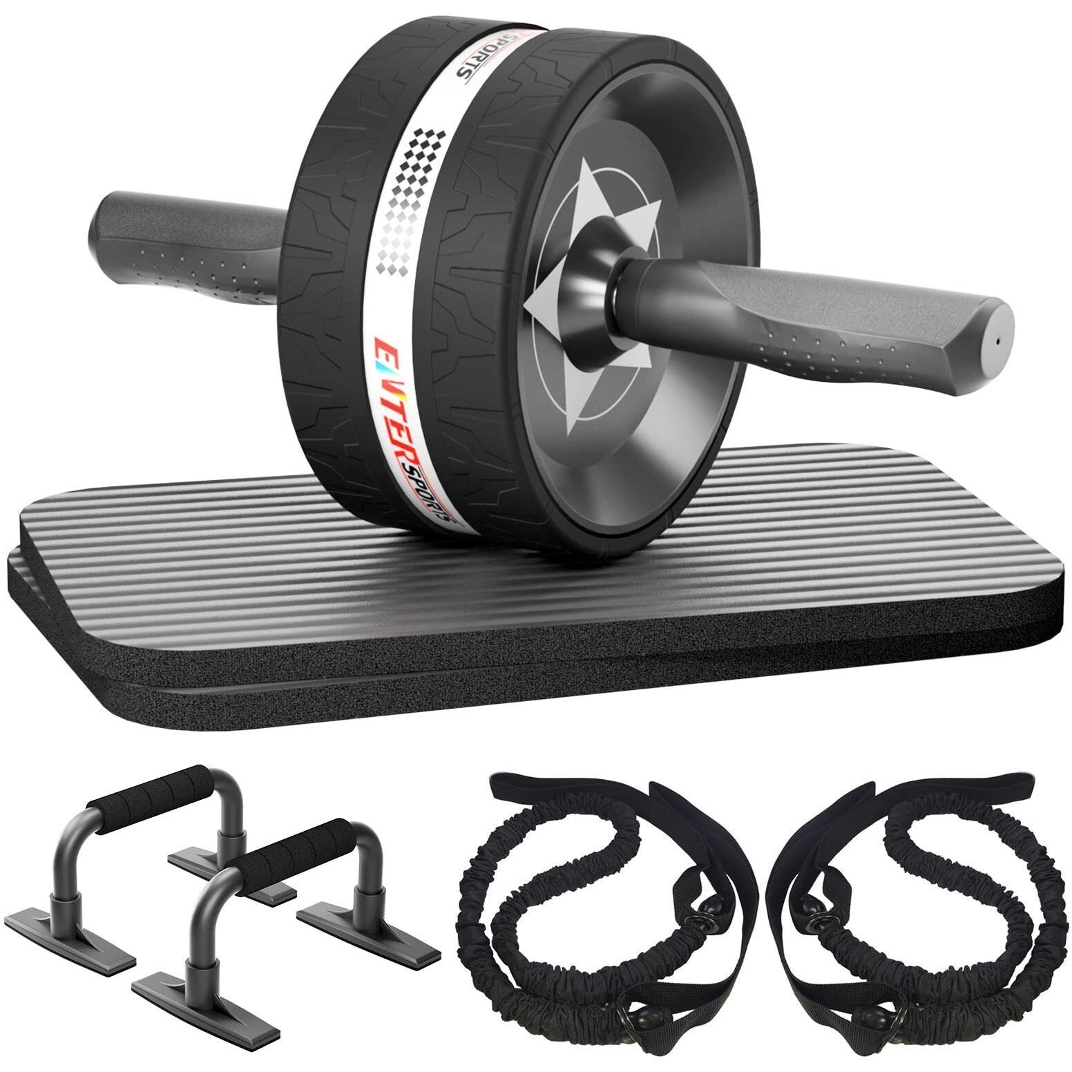Entersports Abs Roller Wheel Kit, Exercise Wheel Core Strength Training Abdominal Roller Set With Push Up Bars, Resistance Bands, Knee Mat Home Gym Fitness Equipment For Abs Workout