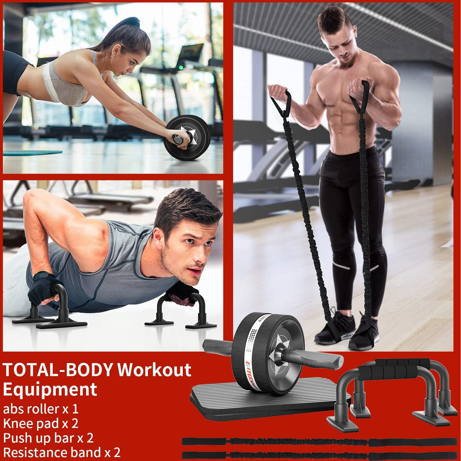 Entersports Abs Roller Wheel Kit, Exercise Wheel Core Strength Training Abdominal Roller Set With Push Up Bars, Resistance Bands, Knee Mat Home Gym Fitness Equipment For Abs Workout