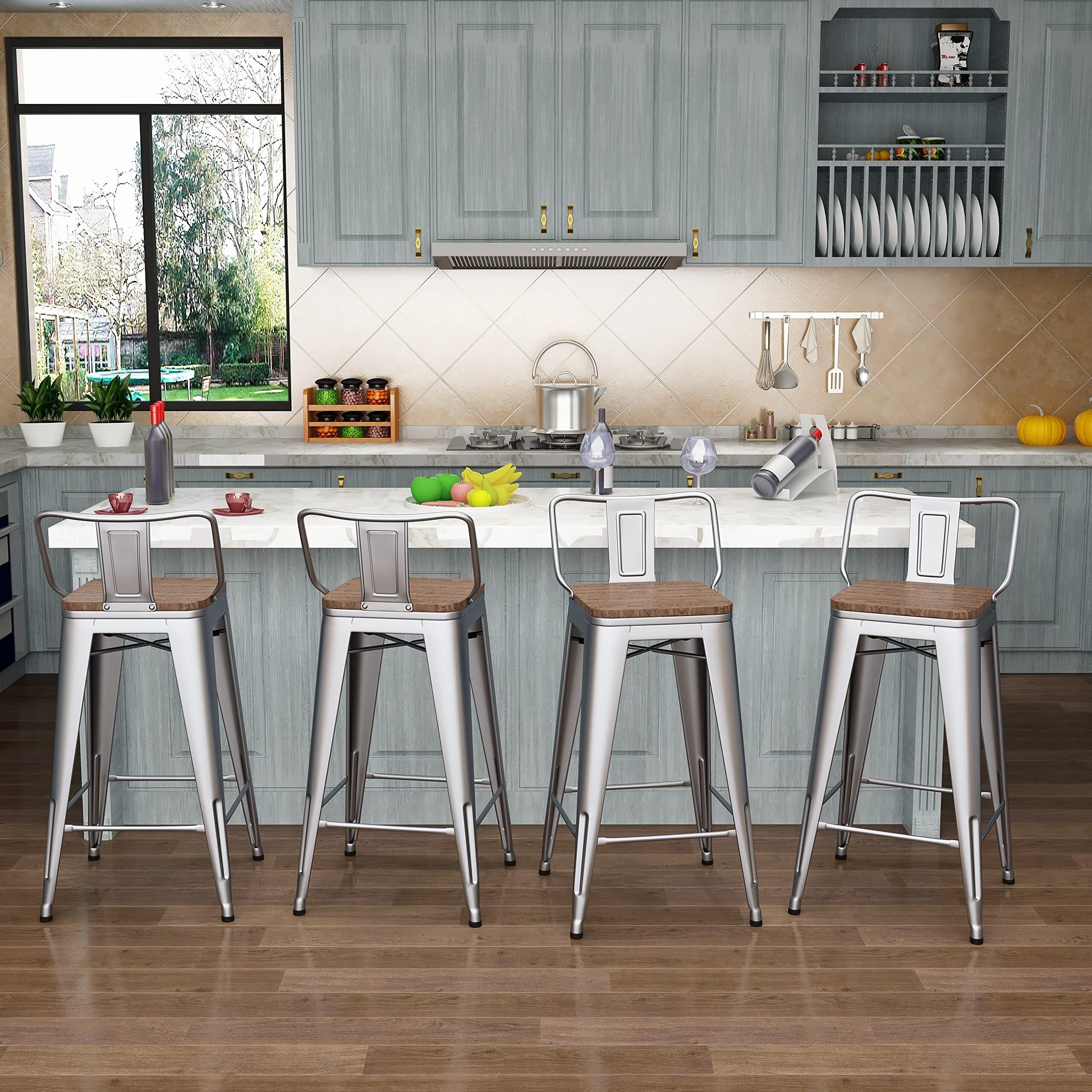 Tongli Industrial Chic 26 Inch Metal Barstools Low Back, Silver Wooden, Stool Seating