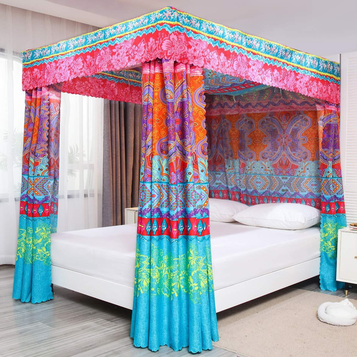 Pangzi Bohemian 4 Corner Post Bed Curtain Canopy Bed Curtain Drapes For Adults Girls (Queen, Red)