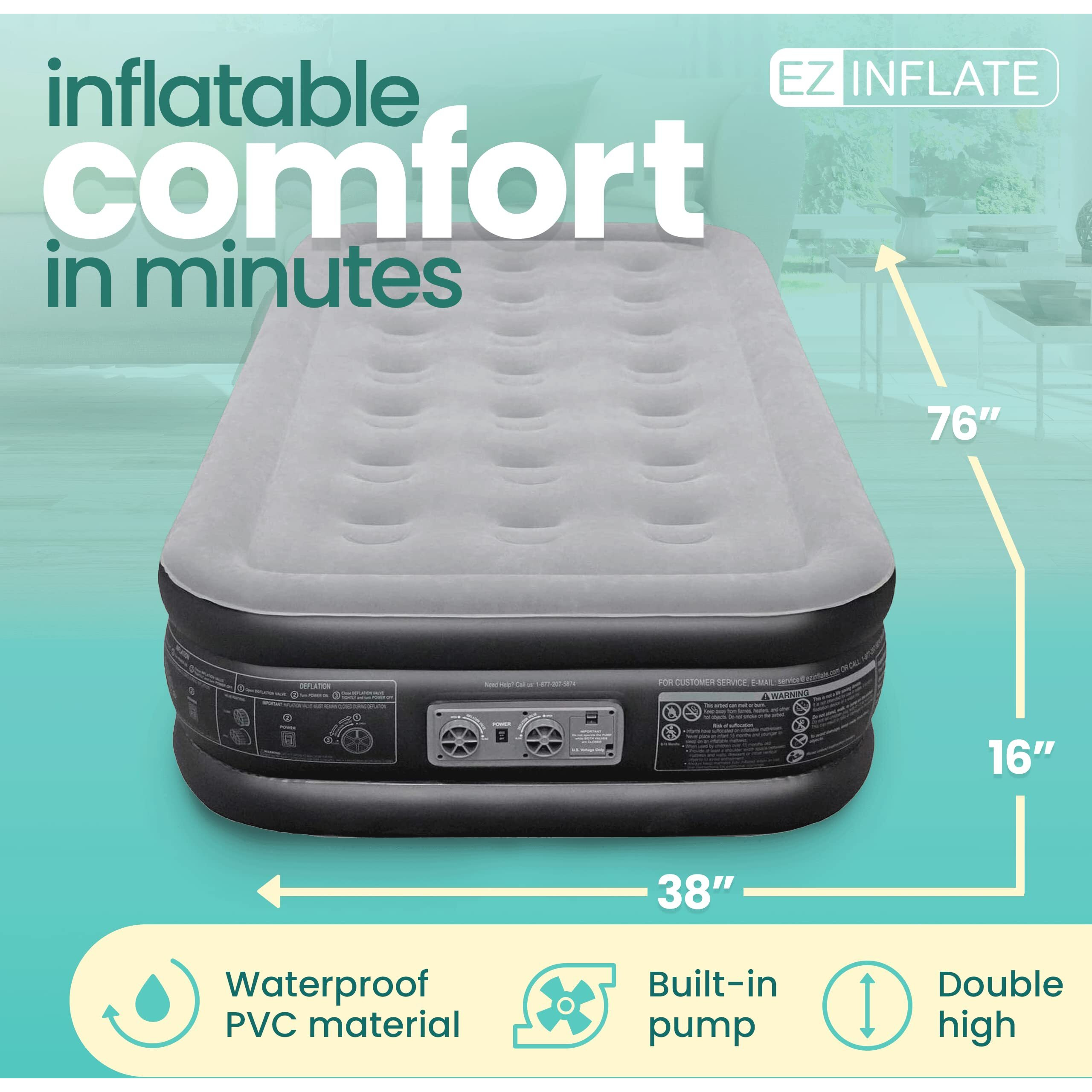 Ez Inflate Air Mattress With Built In Pump - Twin Size Double-High Inflatable Mattress With Flocked Top - Easy Inflate, Waterproof, Portable Blow Up Bed For Camping & Travel
