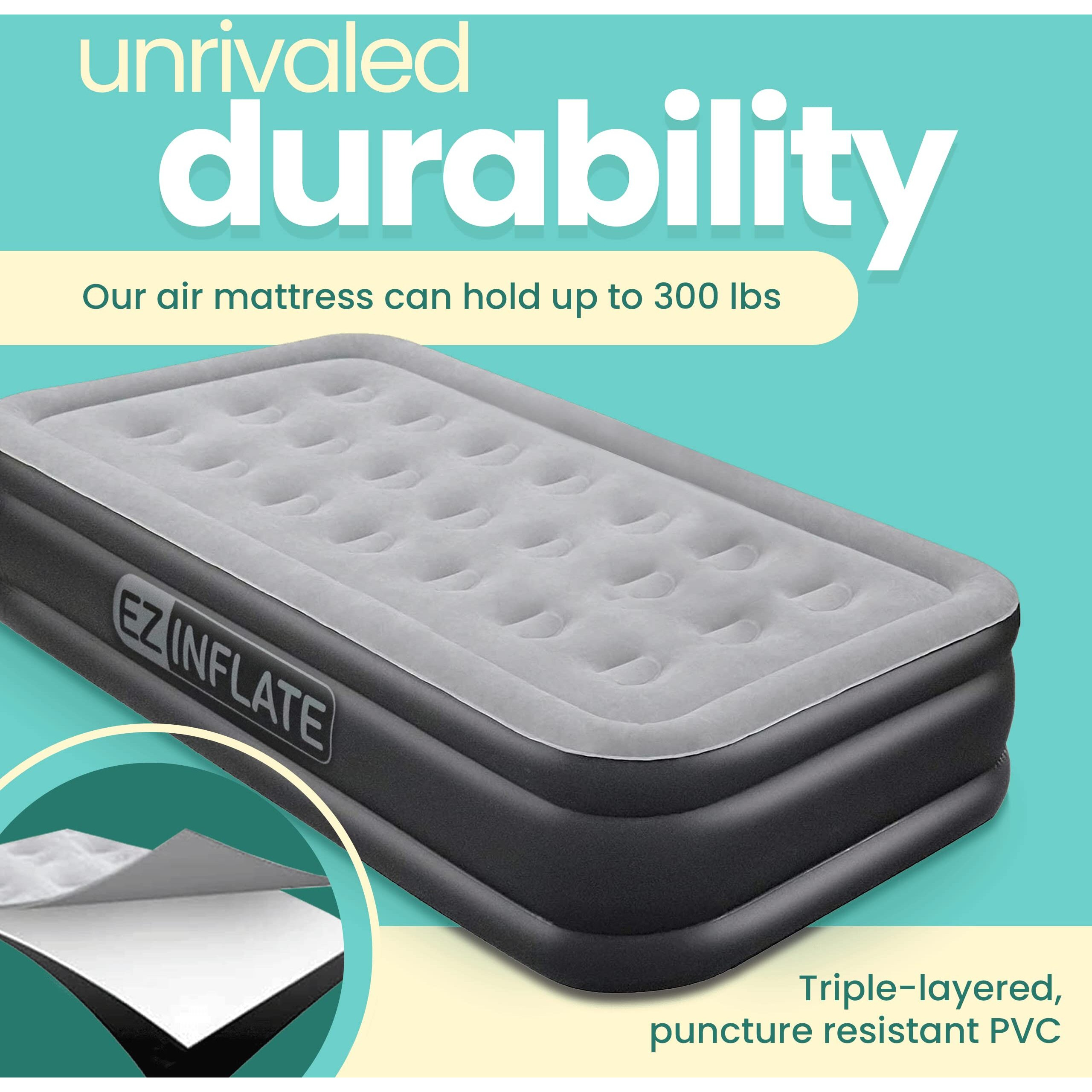 Ez Inflate Air Mattress With Built In Pump - Twin Size Double-High Inflatable Mattress With Flocked Top - Easy Inflate, Waterproof, Portable Blow Up Bed For Camping & Travel
