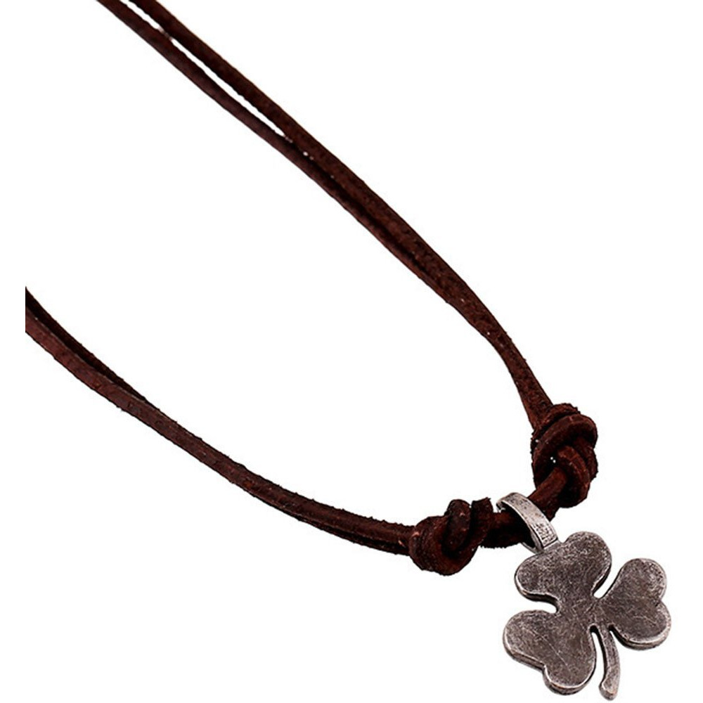 Hamoery Men Punk Alloy Leather Clover Chain Pendant Necklace(Silver)