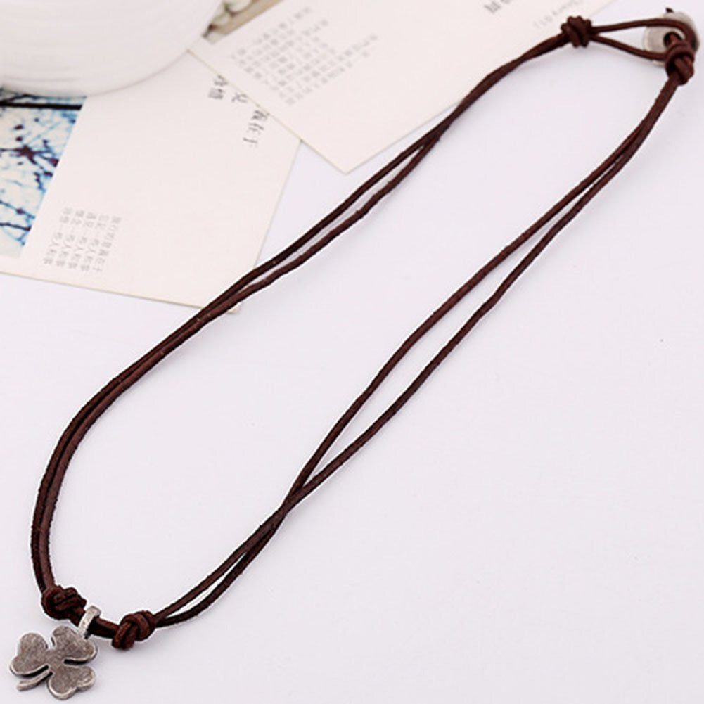 Hamoery Men Punk Alloy Leather Clover Chain Pendant Necklace(Silver)
