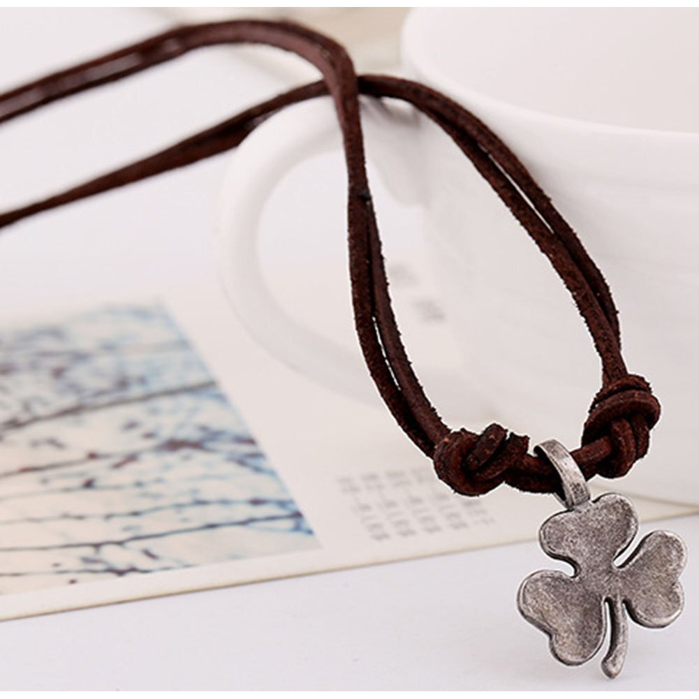 Hamoery Men Punk Alloy Leather Clover Chain Pendant Necklace(Silver)