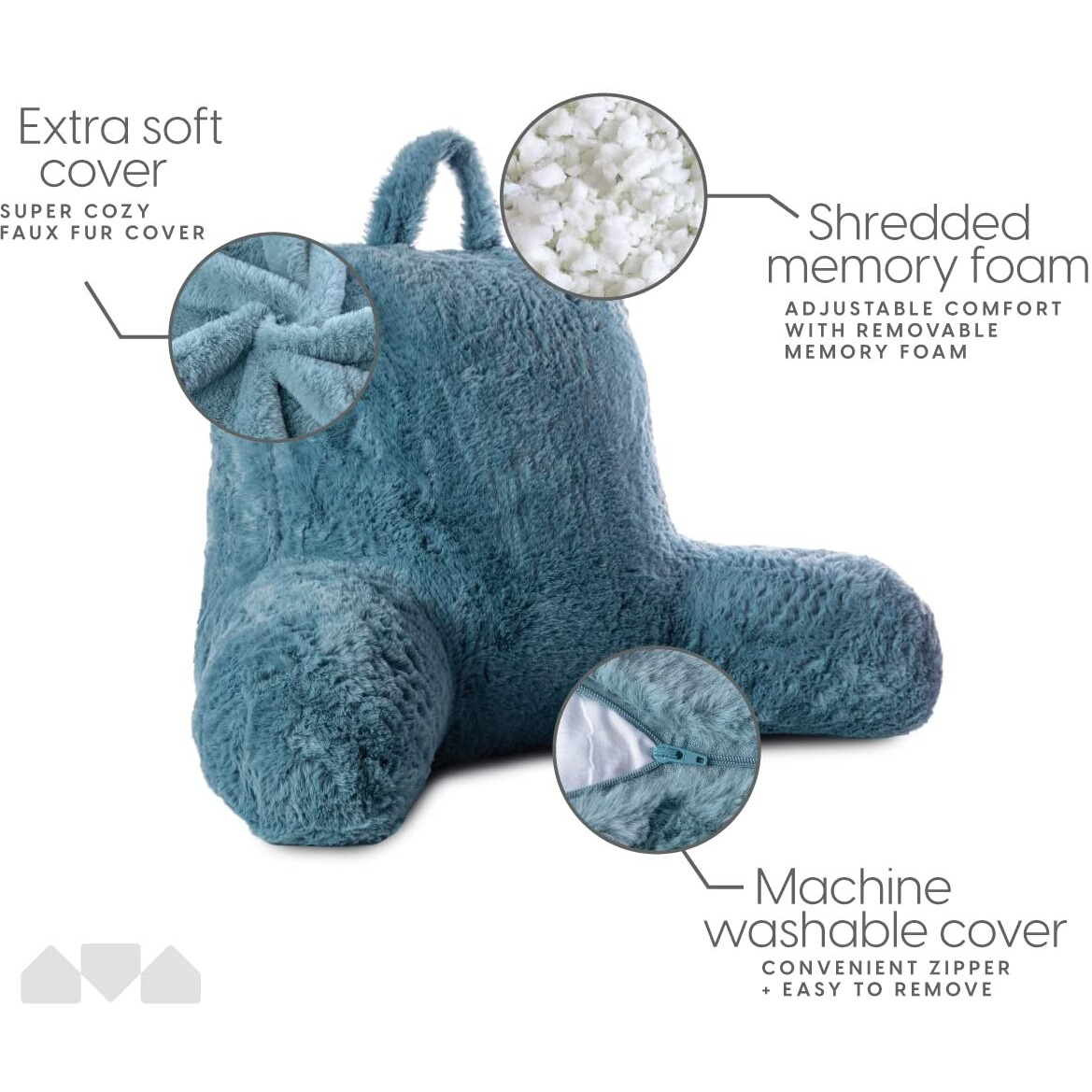 Milliard Reading Pillow, Sit Up Pillow For Bed, Back Rest Pillow, With Faux Fur, Removable Cover, 8X15 Inches, Made With Shredded Memory Foam (Blue)